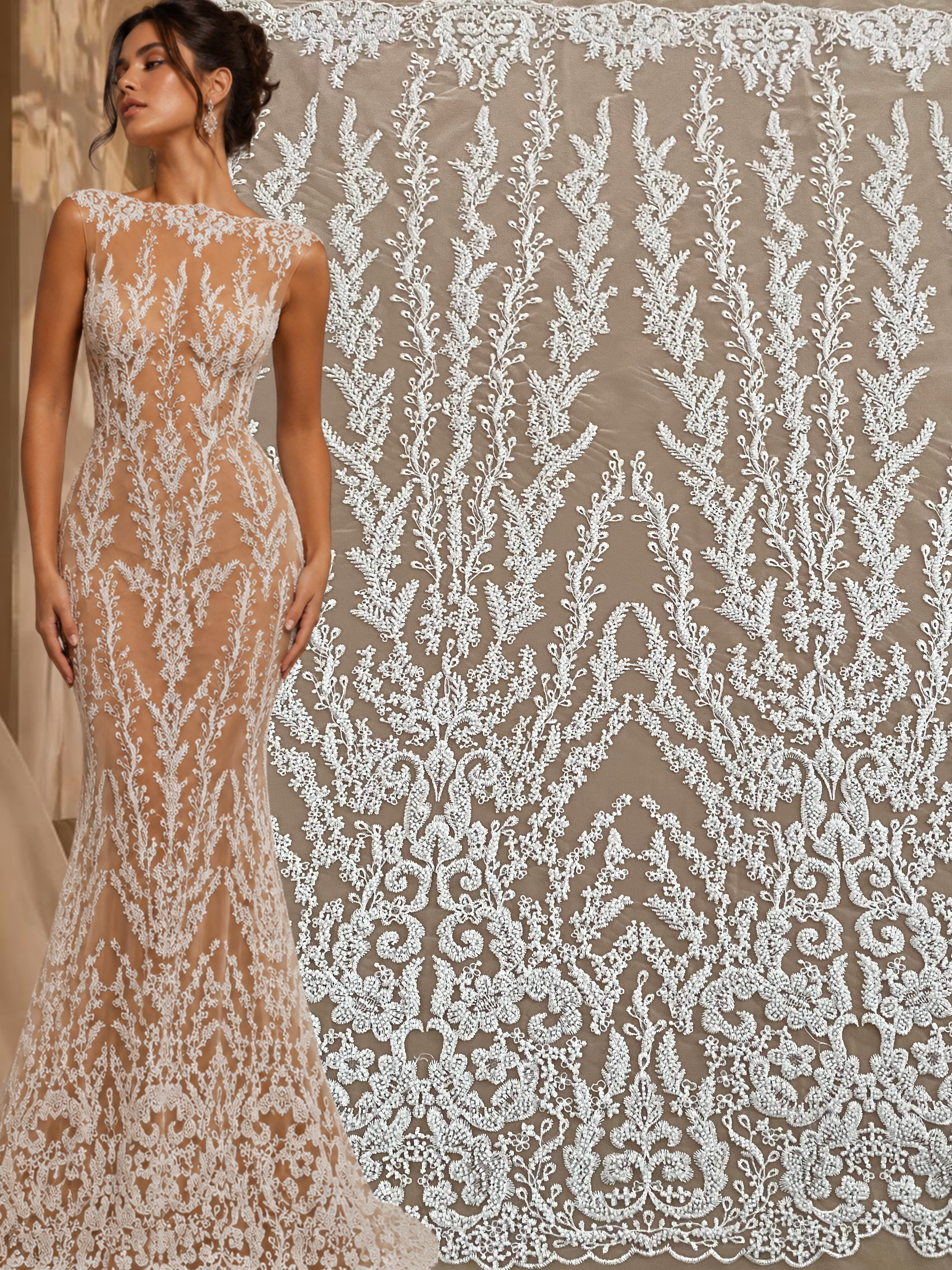 Dantela Couture Ivory cu Model Geometric, cu Margele si Paiete