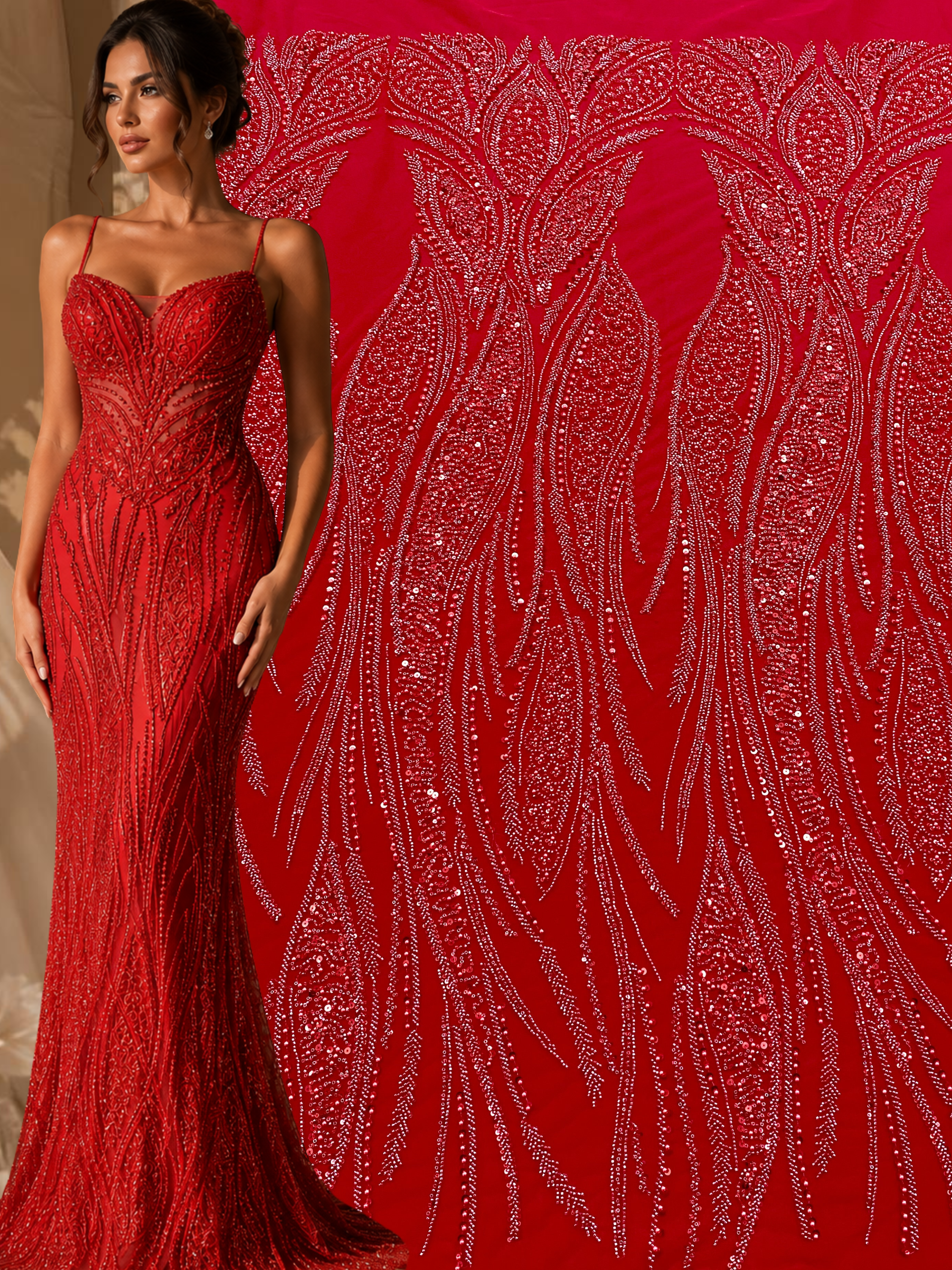 Dantela Couture Rosie cu Panou, cu Perle, Margele si Paiete