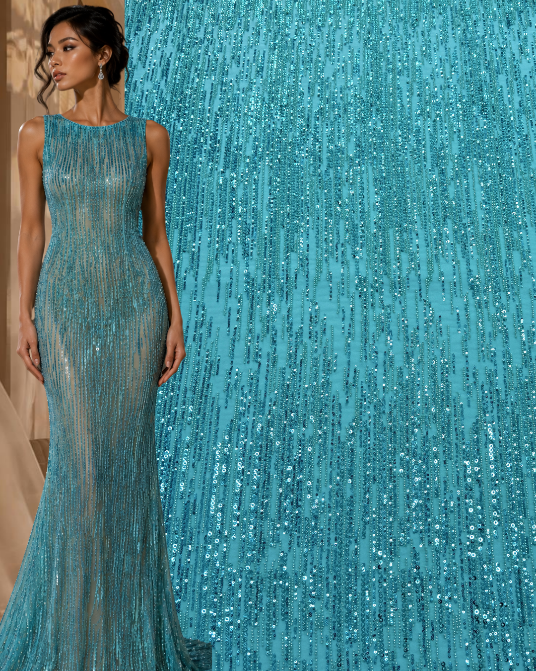 Dantela Couture Turcoaz cu Model Liniar, cu Margele si Paiete