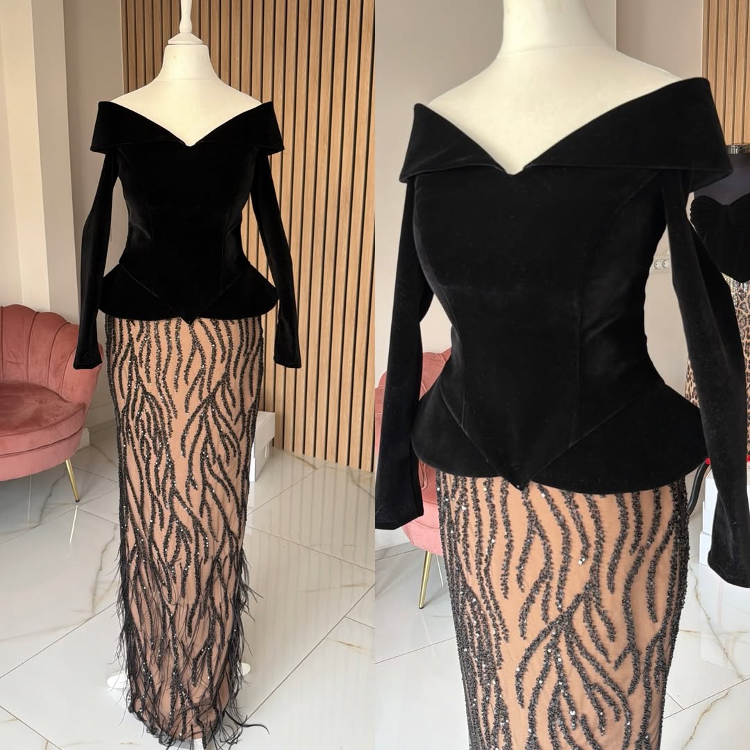 Dantela Couture Argintie pe Tulle Negru cu Siraguri, cu Margele si Paiete
