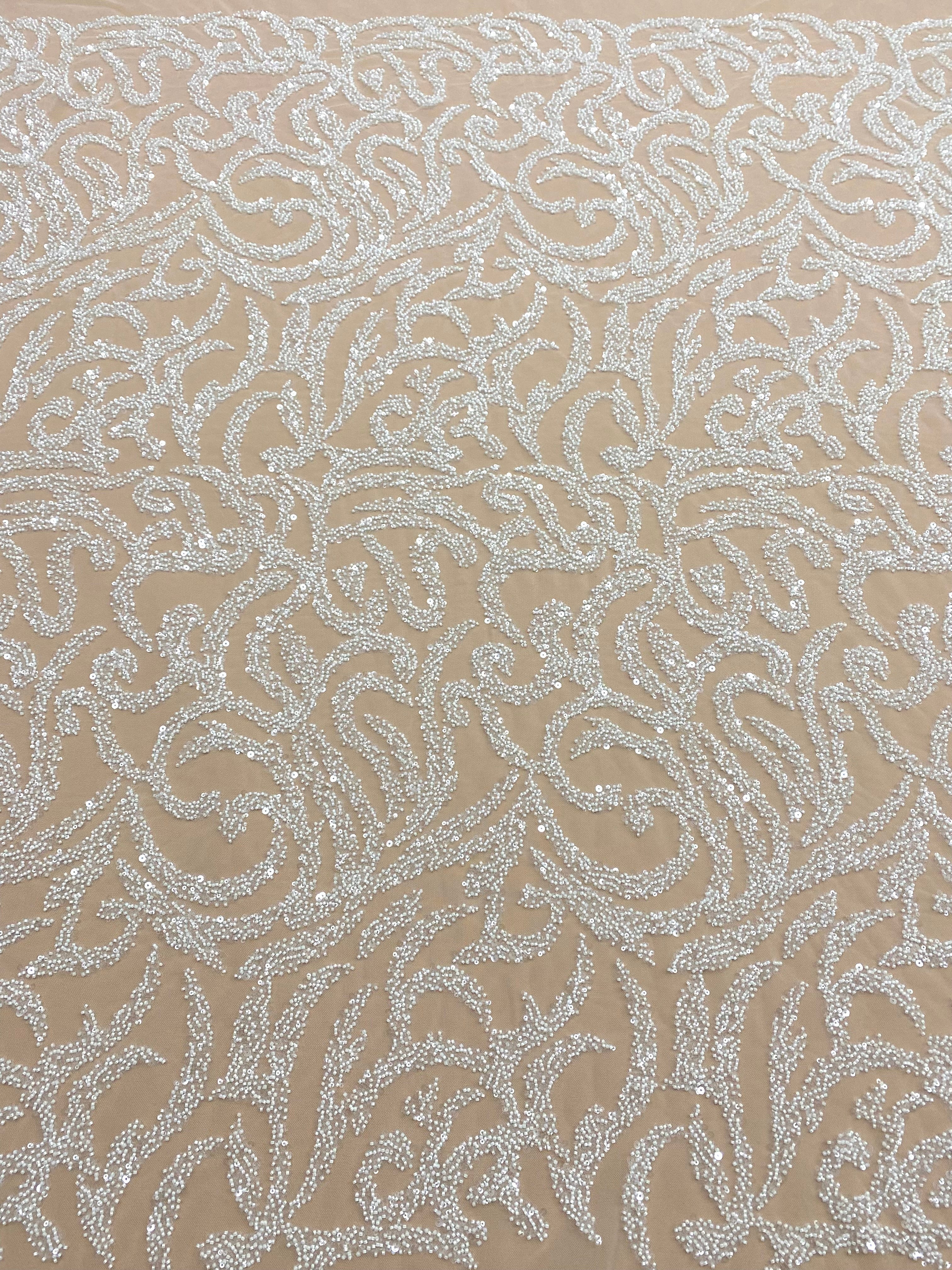 Dantela Couture Ivory cu Model Geometric, cu Margele si Paiete
