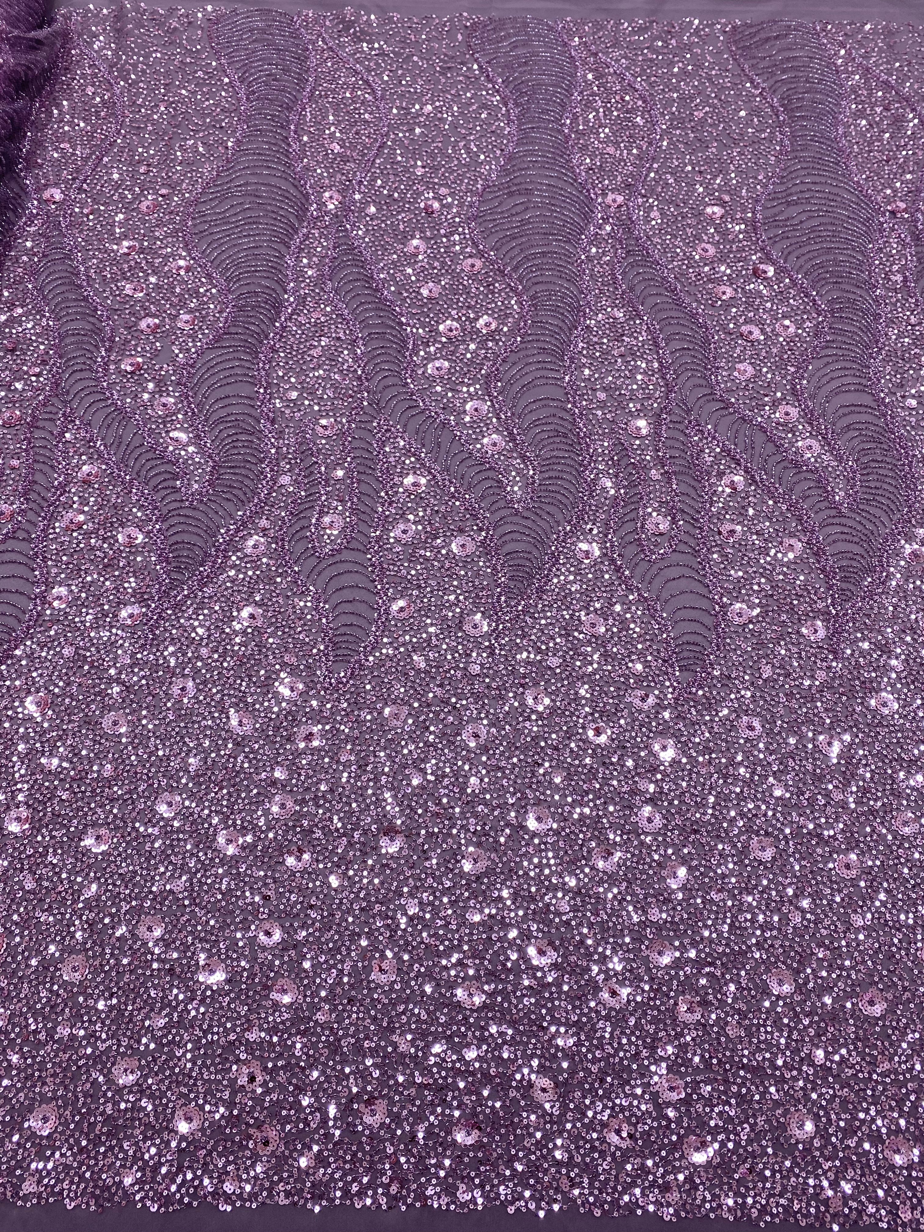 Dantela Couture Lavanda Pudrata cu Model Geometric si Flori, cu Margele si Paiete
