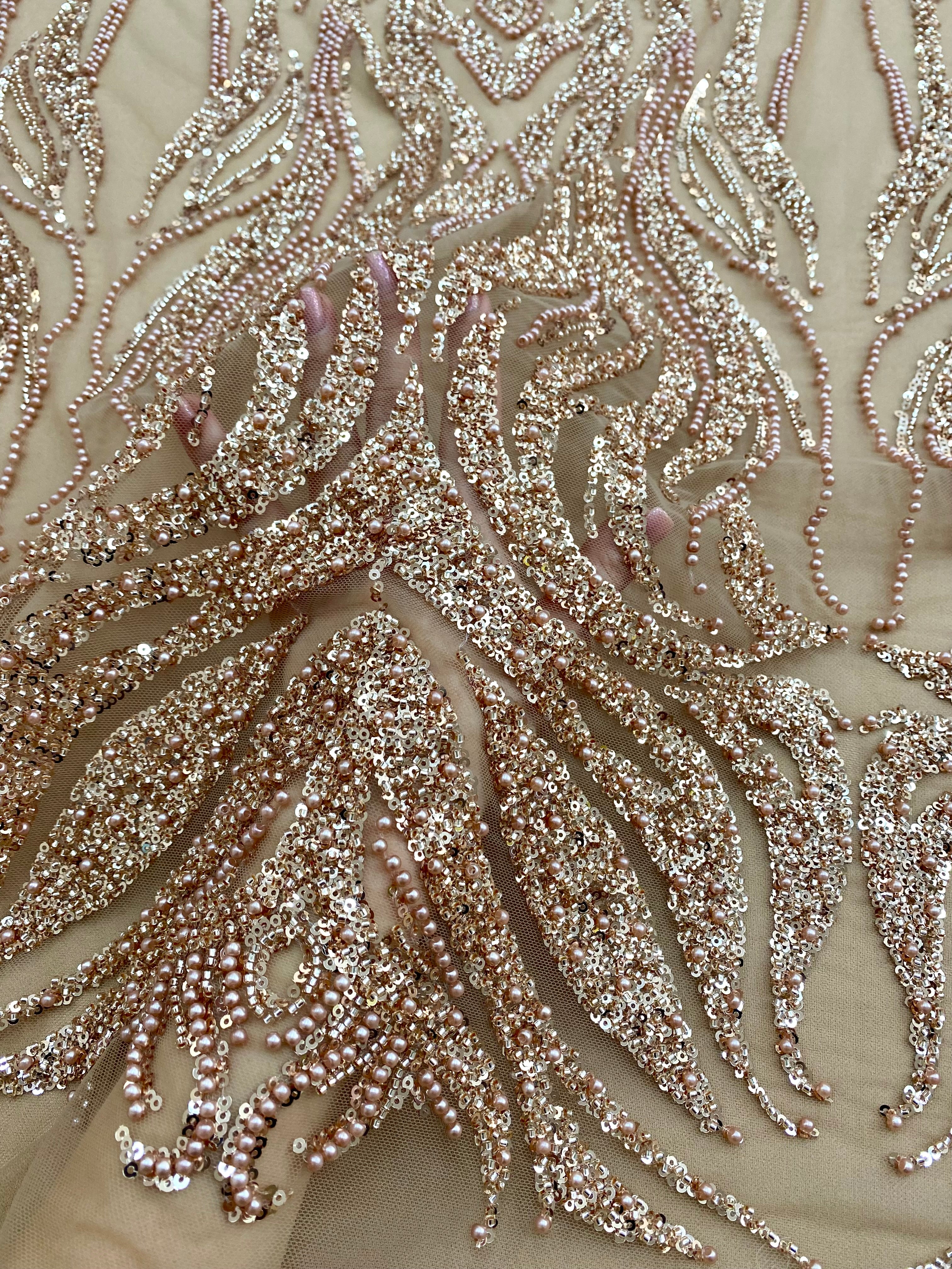 Rose Gold Couture Lace with Geometric Pattern, with Pearls, Beads and Sequins 