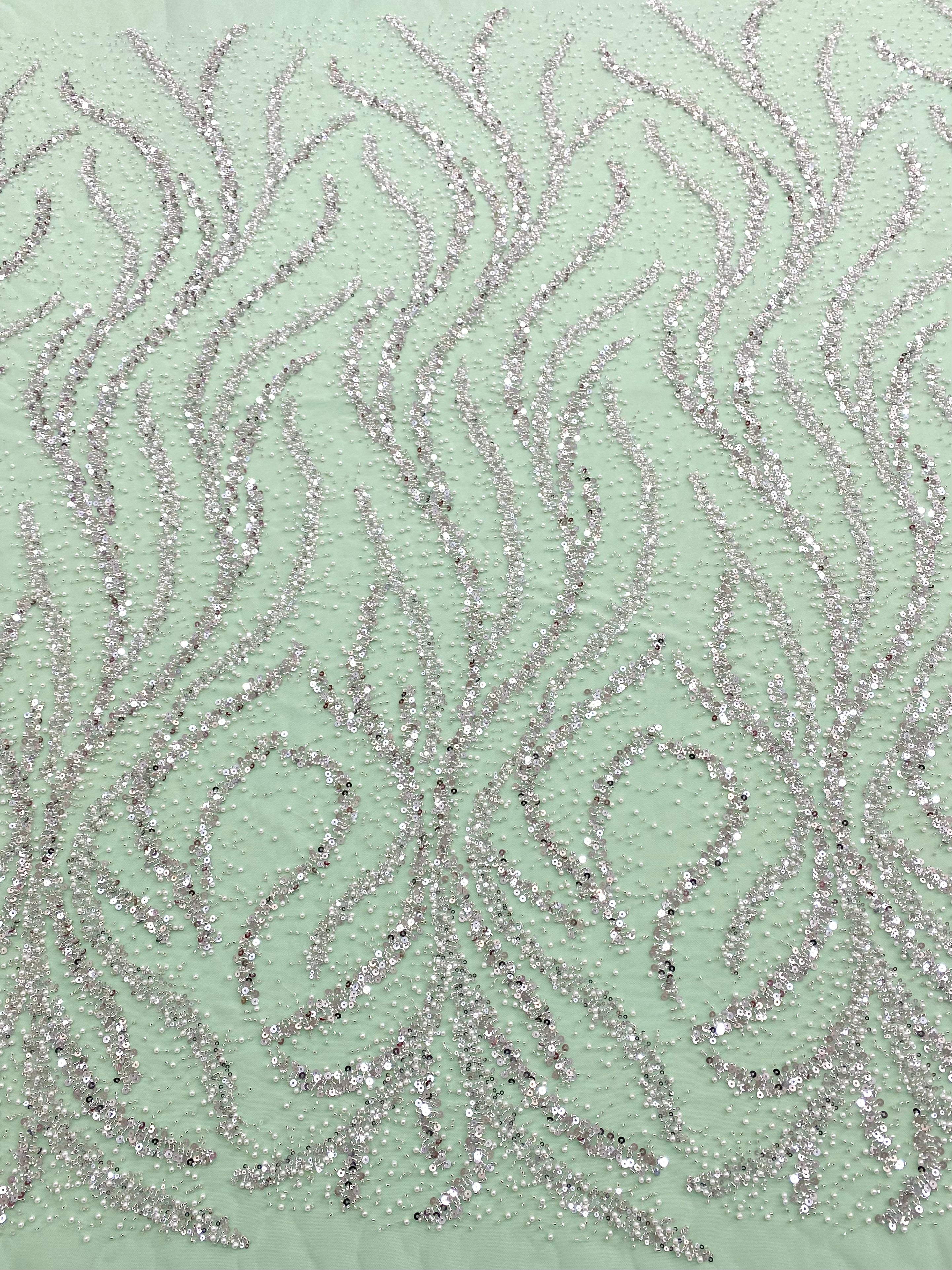 Dantela Couture Argintie pe Tulle Verde Menta cu Perle, Margele si Paiete