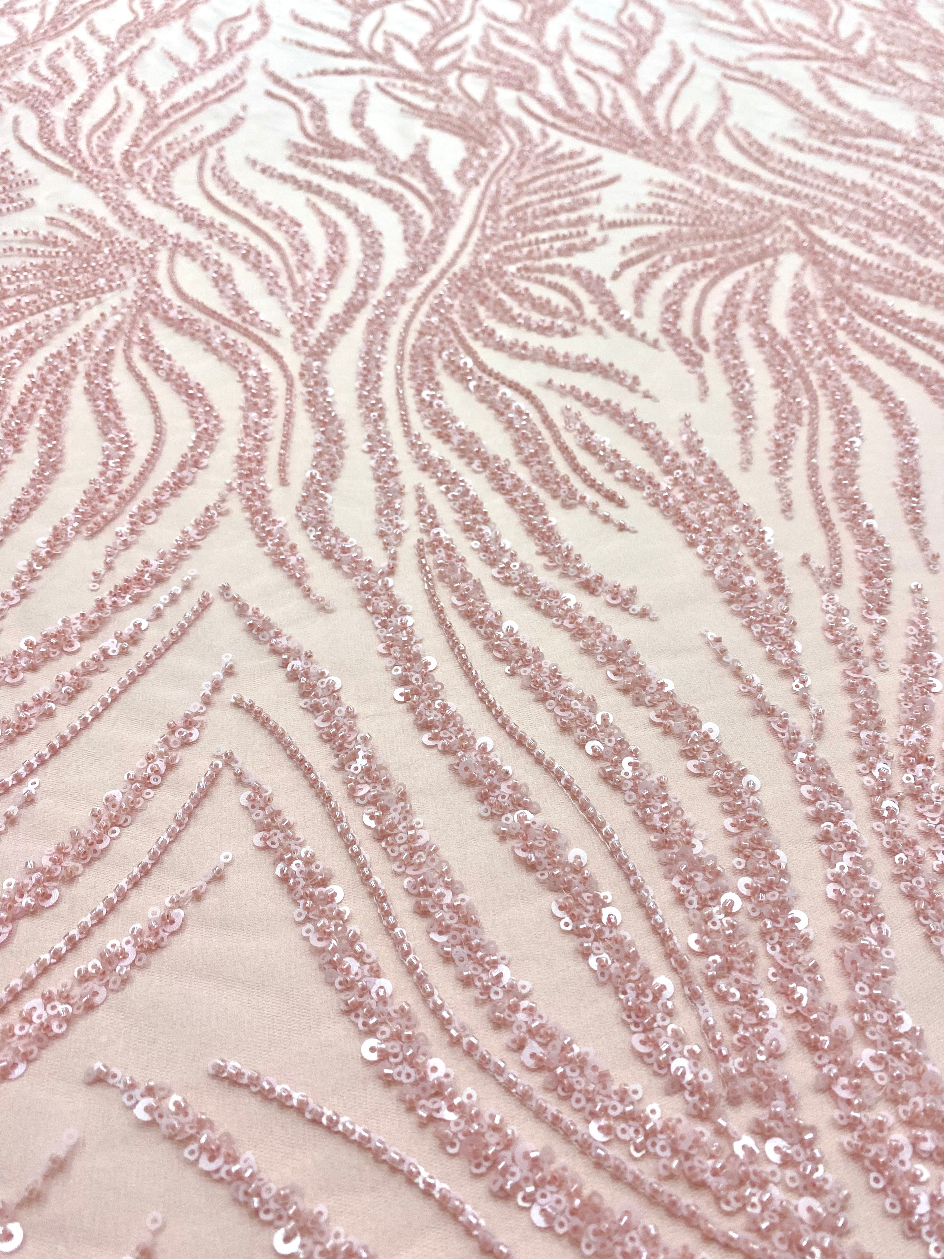 Salmon Pink Couture Lace with Strings, Beads and Sequins
