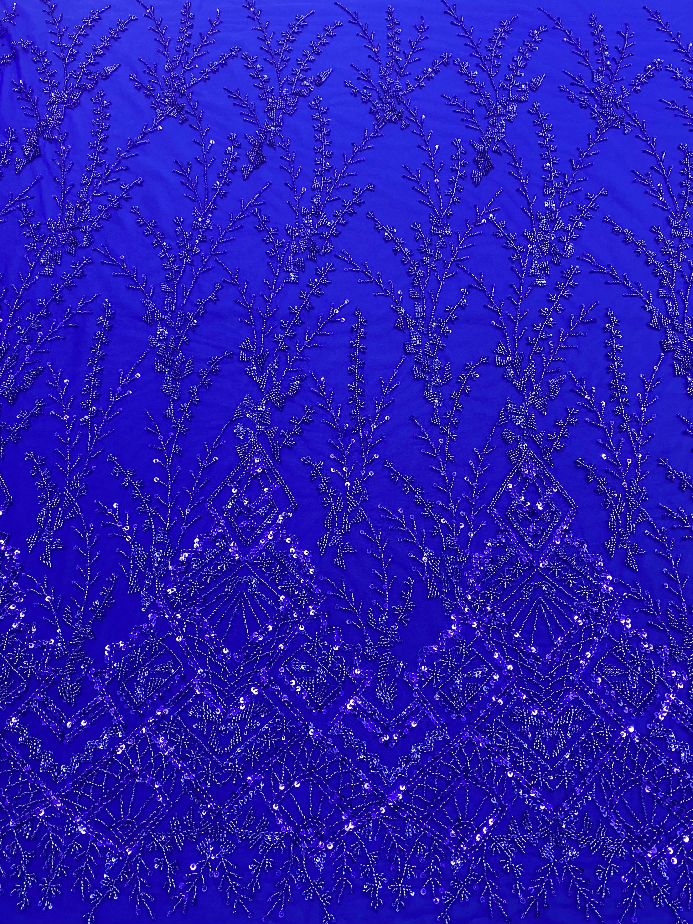 Dantela Couture Albastru Royal cu Model Geometric, cu Margele si Paiete