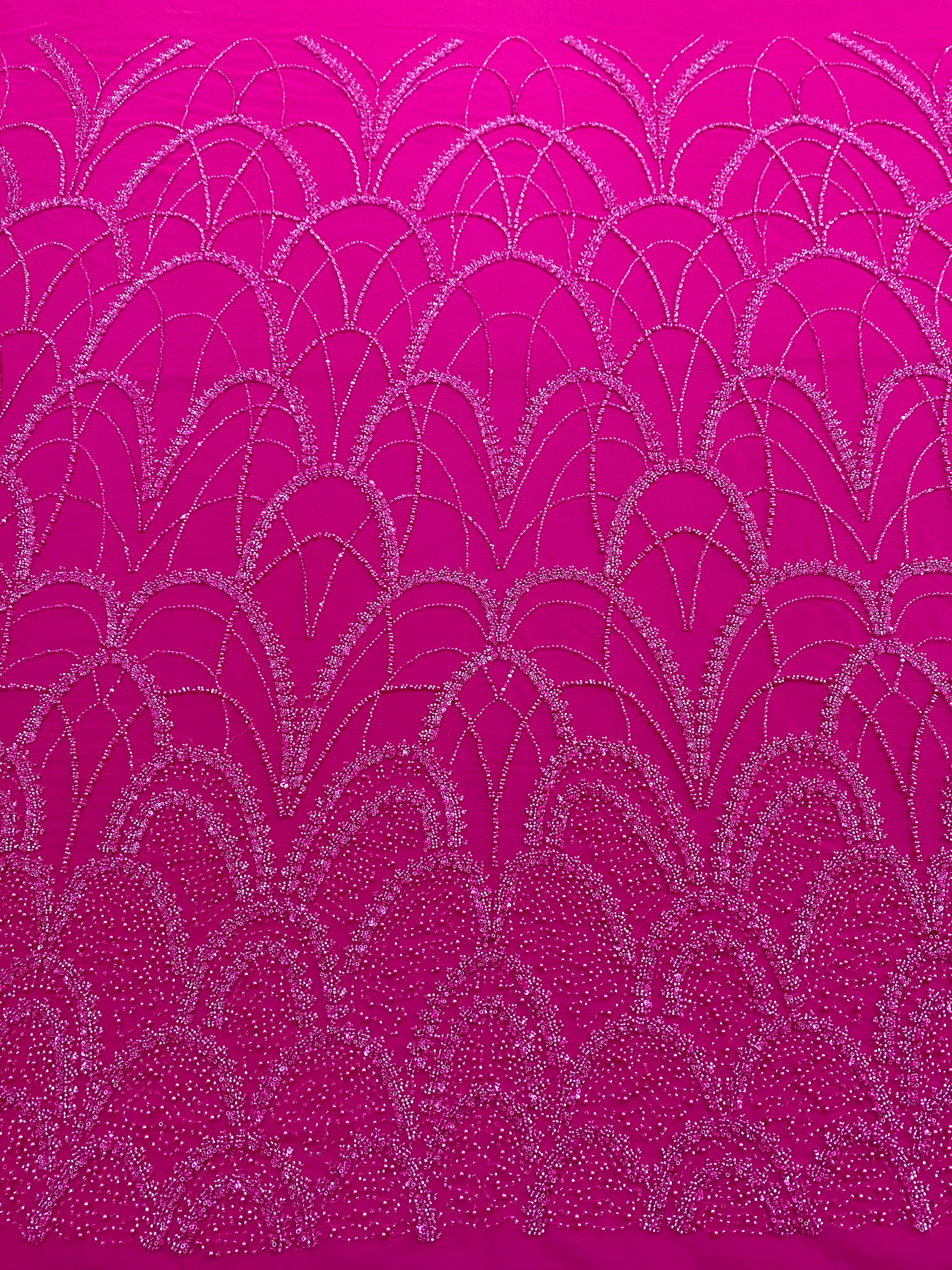 Dantela Couture Fucsia cu Model Geometric, cu Perle, Margele si Paiete