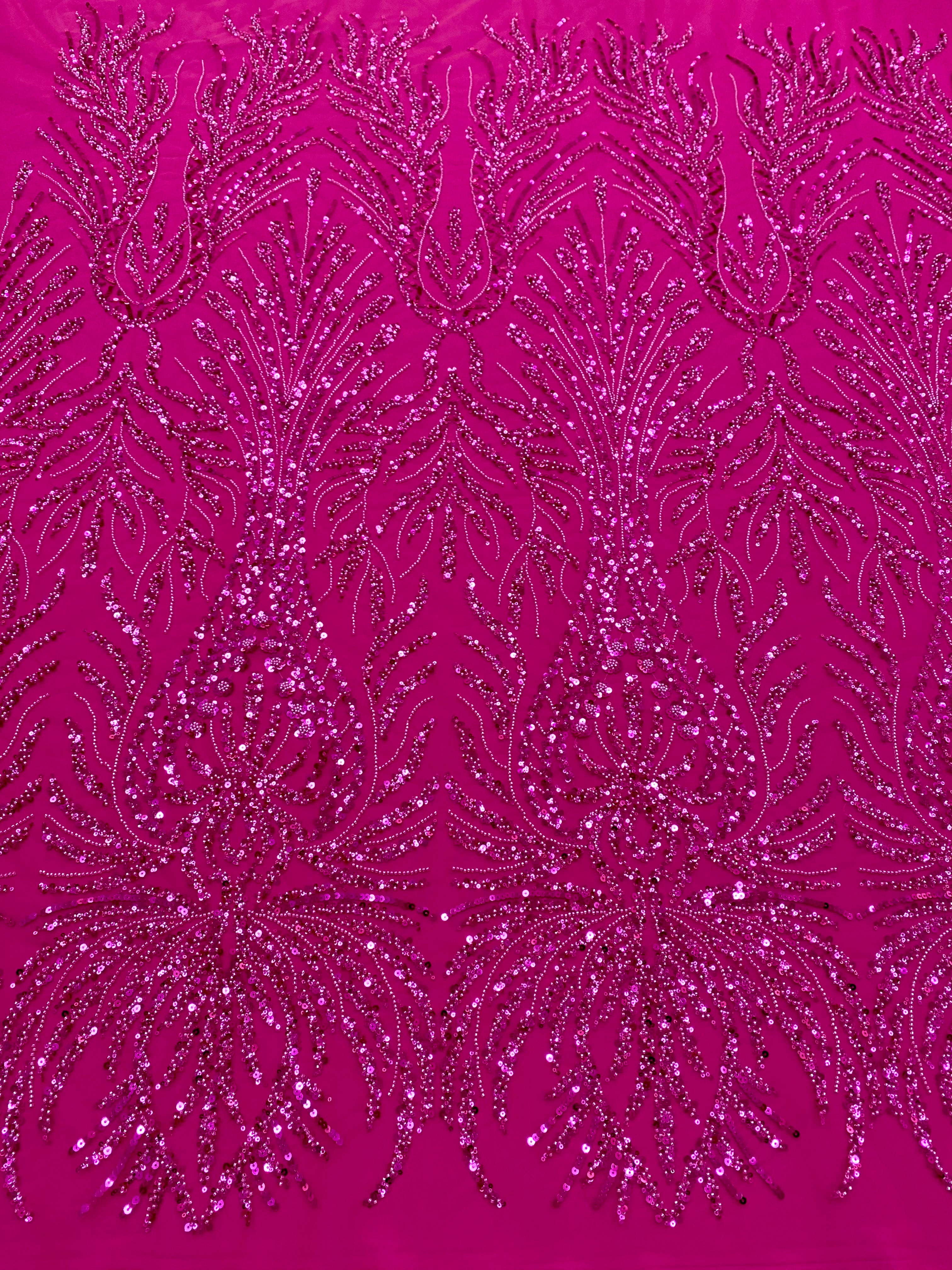 Dantela Couture Fucsia cu Model Geometric, cu Margele si Paiete