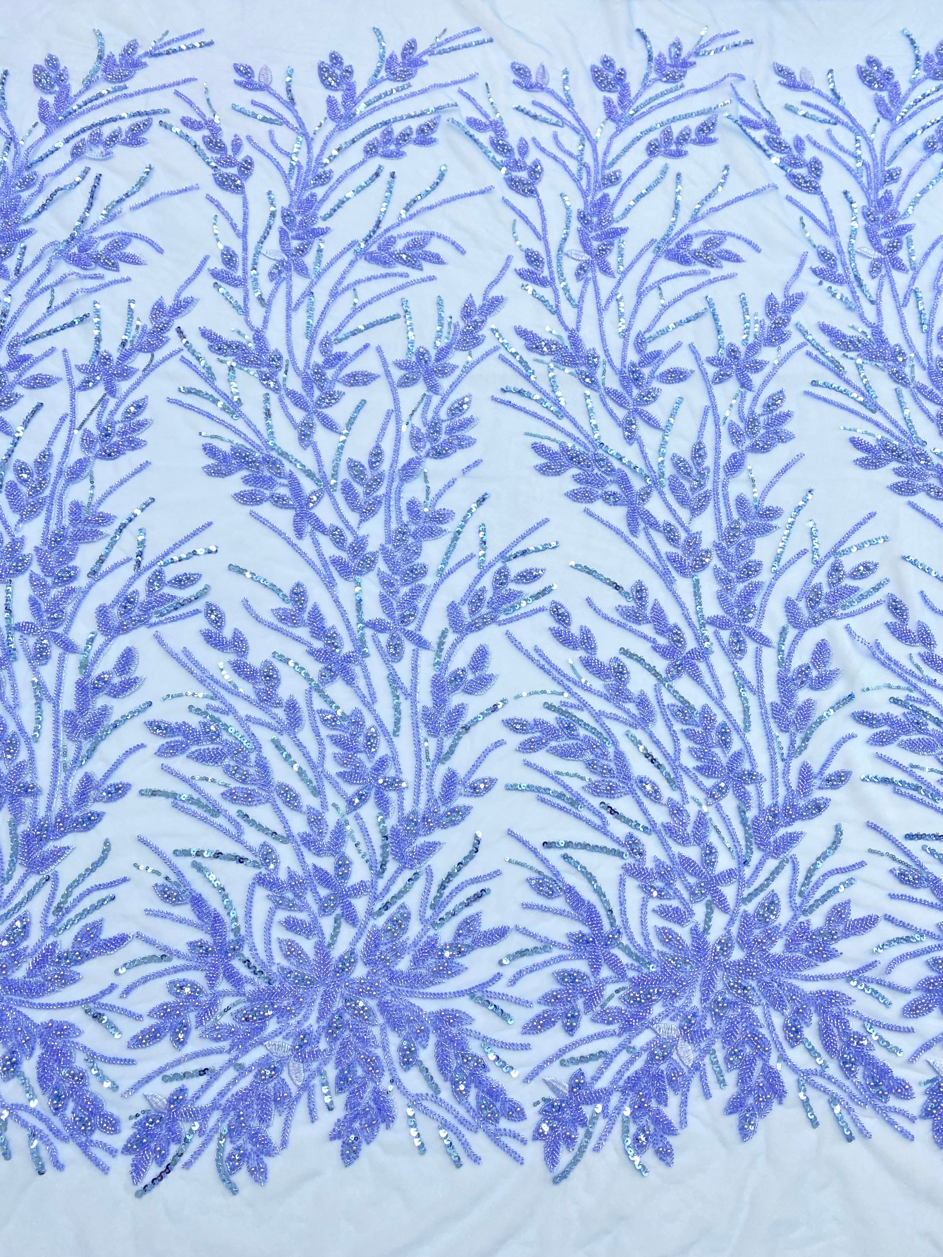 Dantela Couture Sky Blue cu Model Floral, Perle, Margele si Paiete