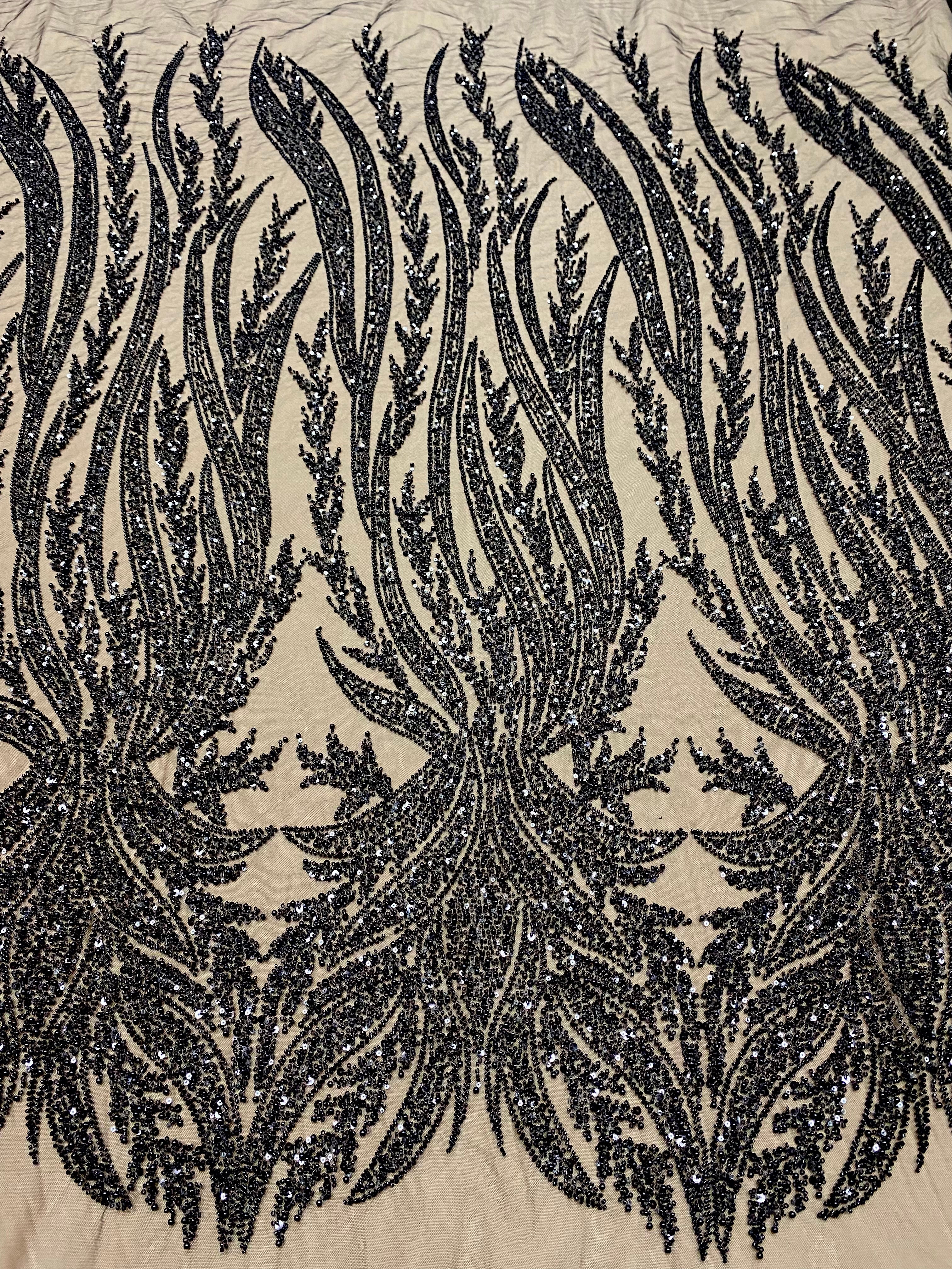 Dantela Couture Neagra cu Panou, cu Perle, Margele si Paiete
