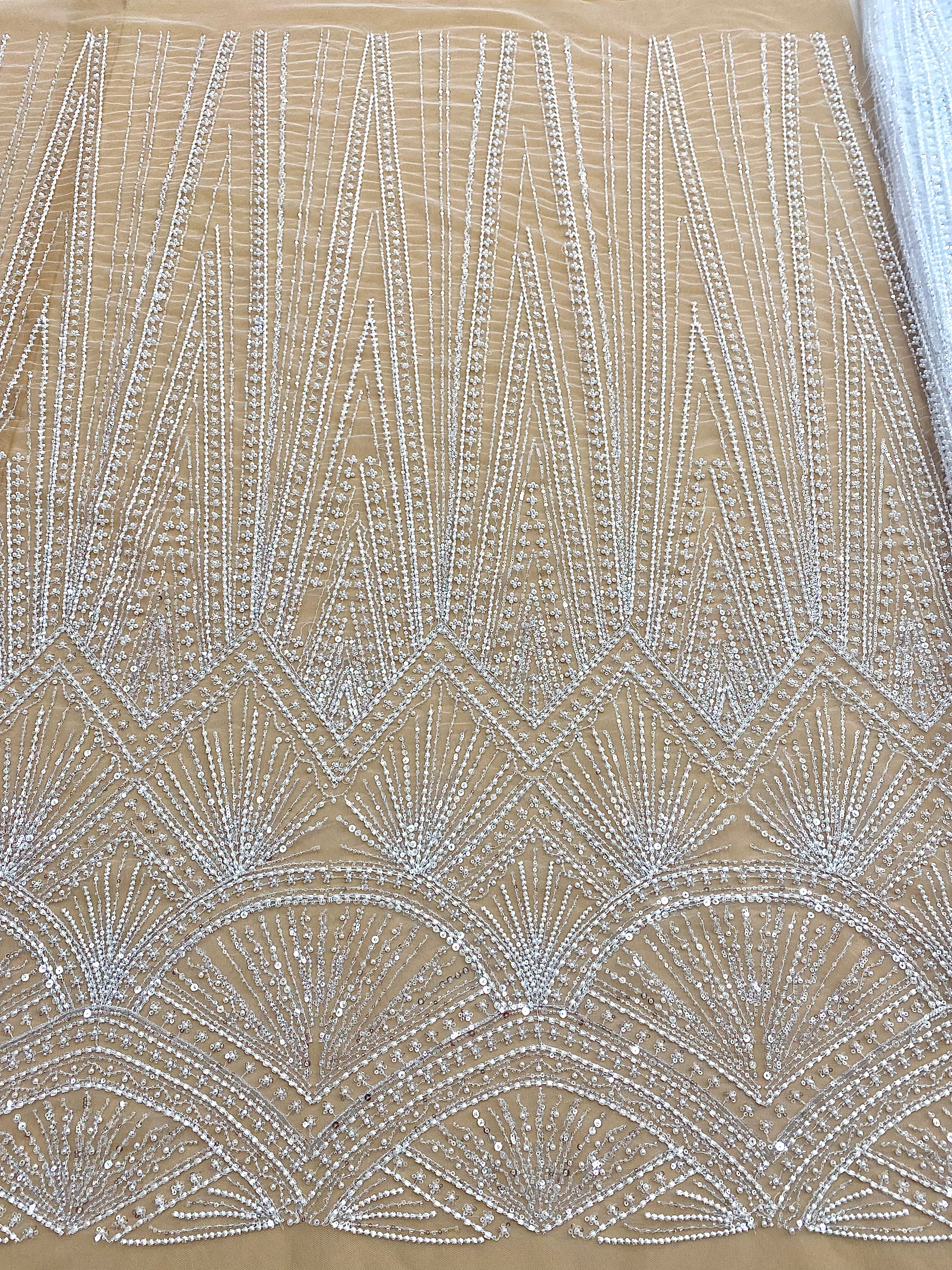 Dantela Couture Diamond cu Model Geometric, cu Perle, Margele si Paiete