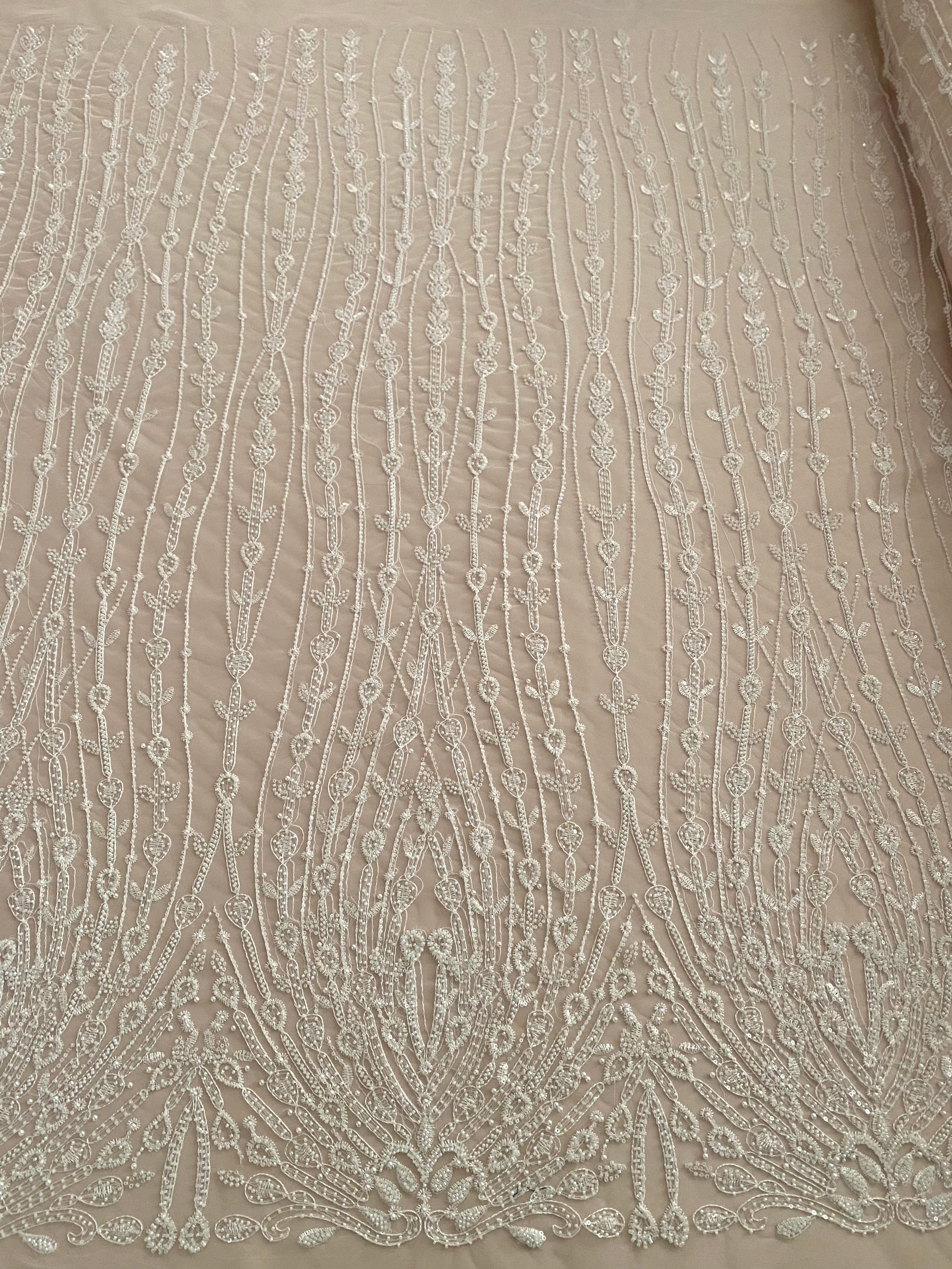 Dantela Couture Ivory cu Model Geometric, cu Perle, Margele si Paiete