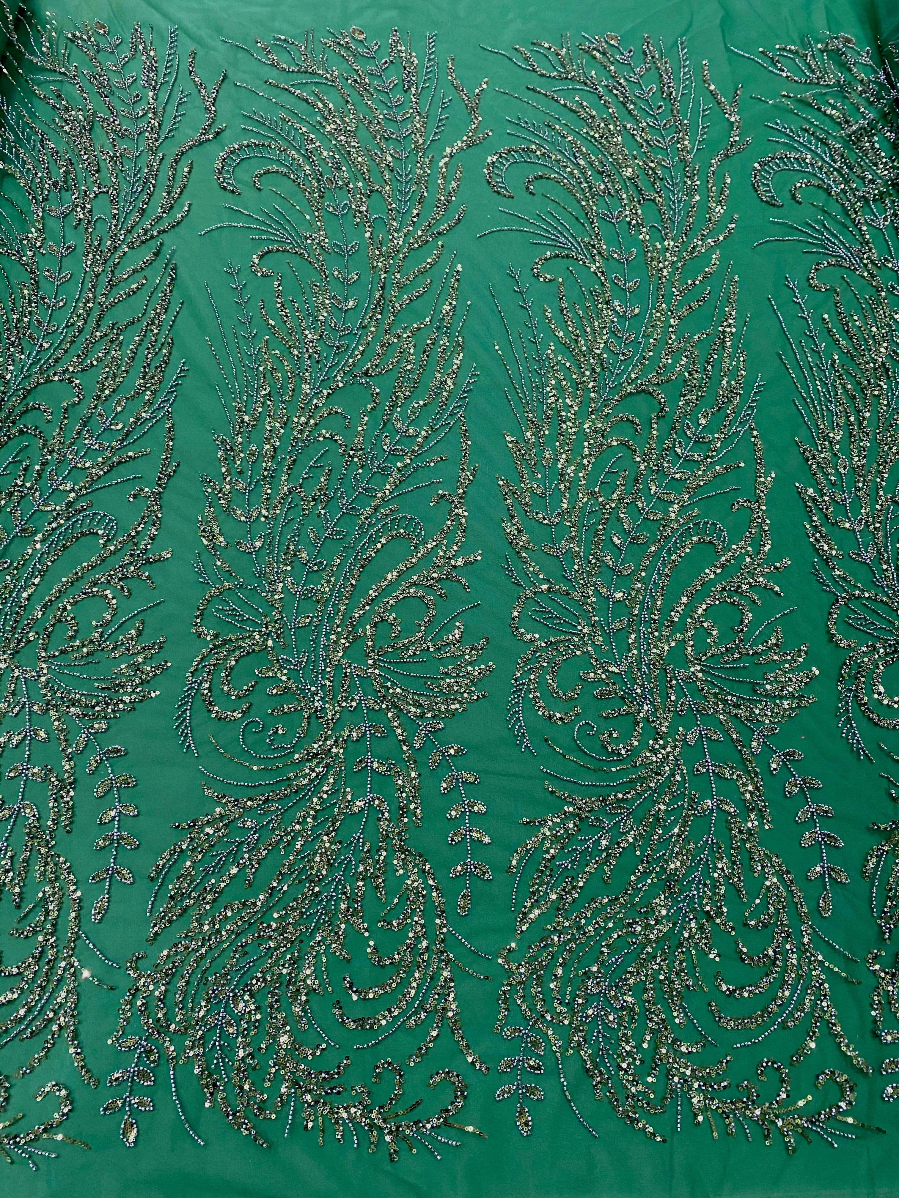Emerald Green Couture Lace with Floral Pattern, Beads and Sequins