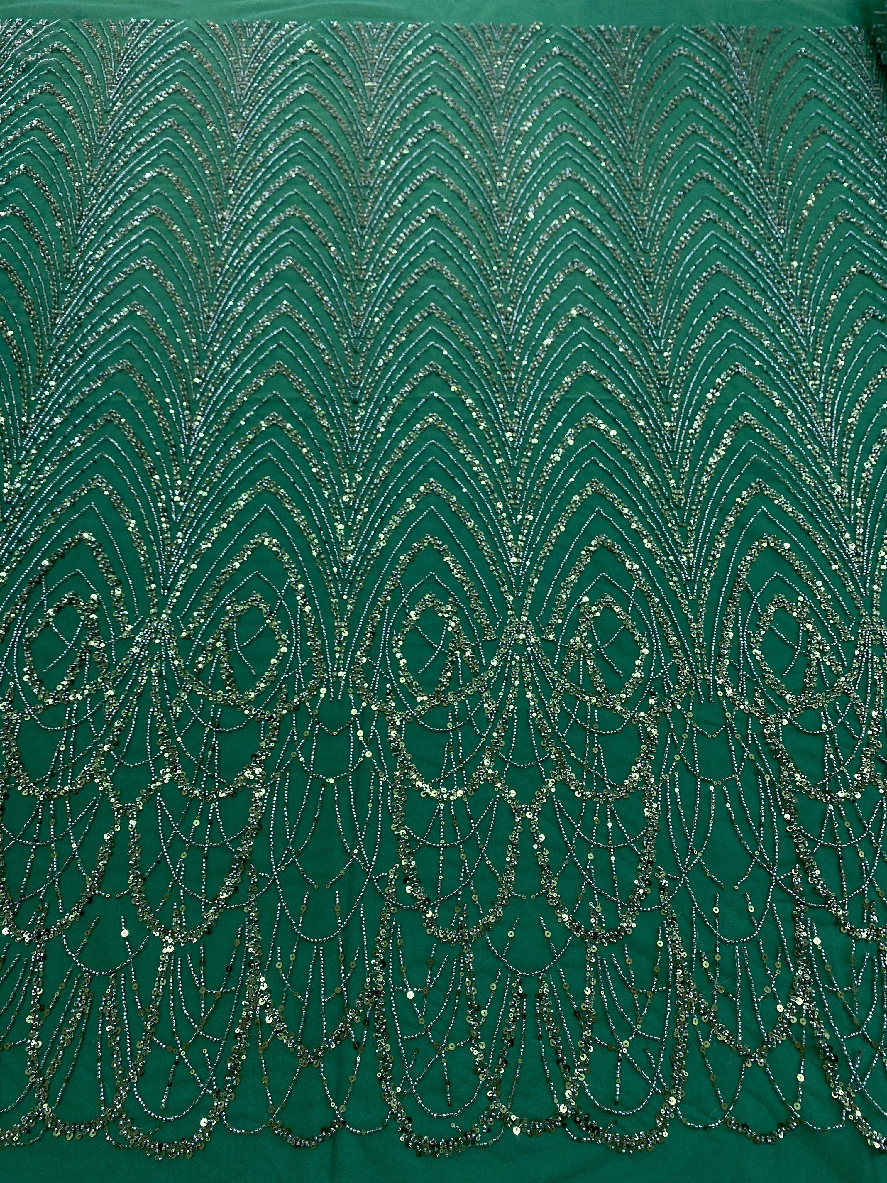 Dantela Couture Verde Smarald cu Model Geometric cu Margele si Paiete