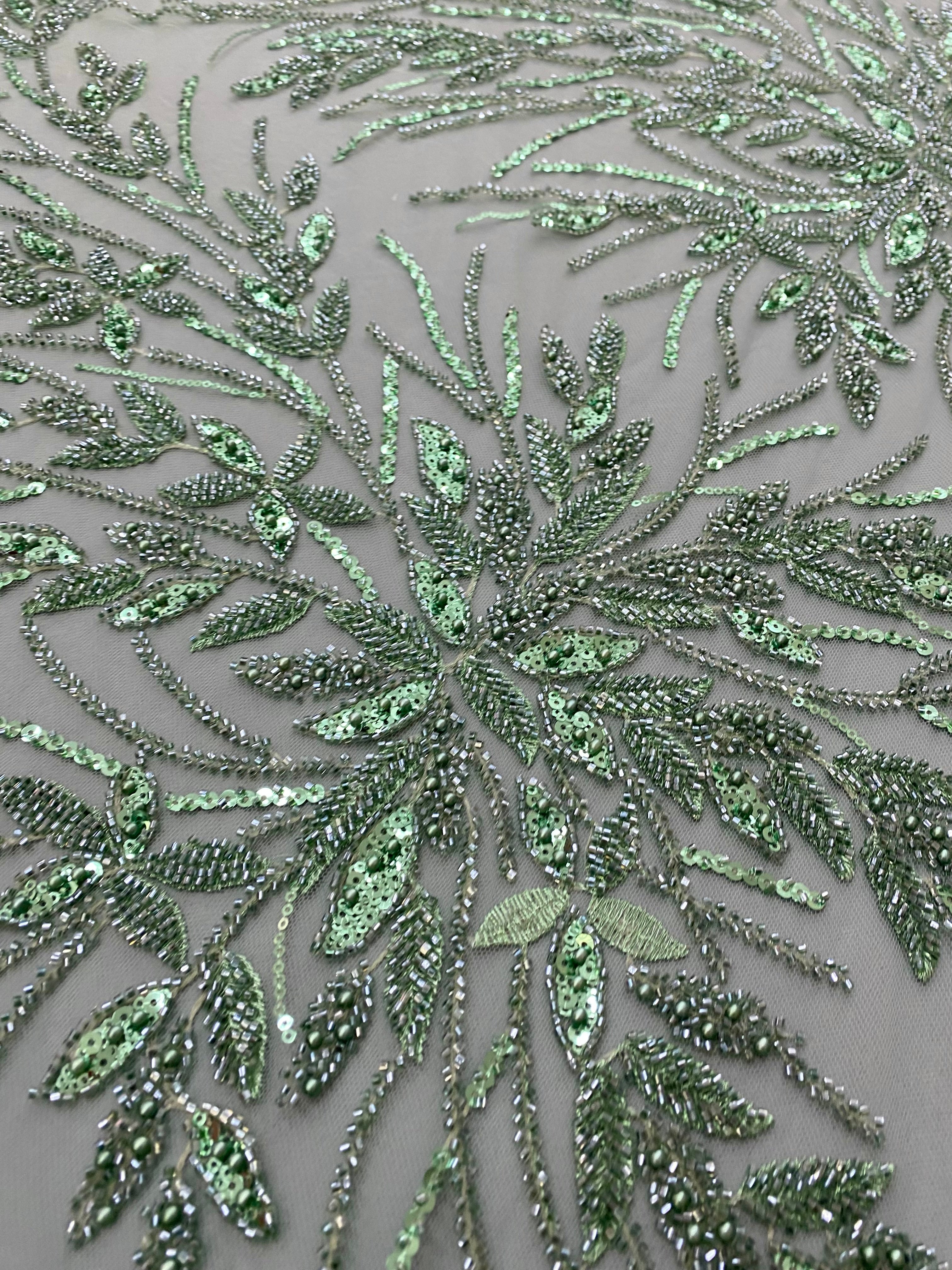 Dantela Couture Verde Ou de Rata cu Model Floral, Perle, Margele si Paiete
