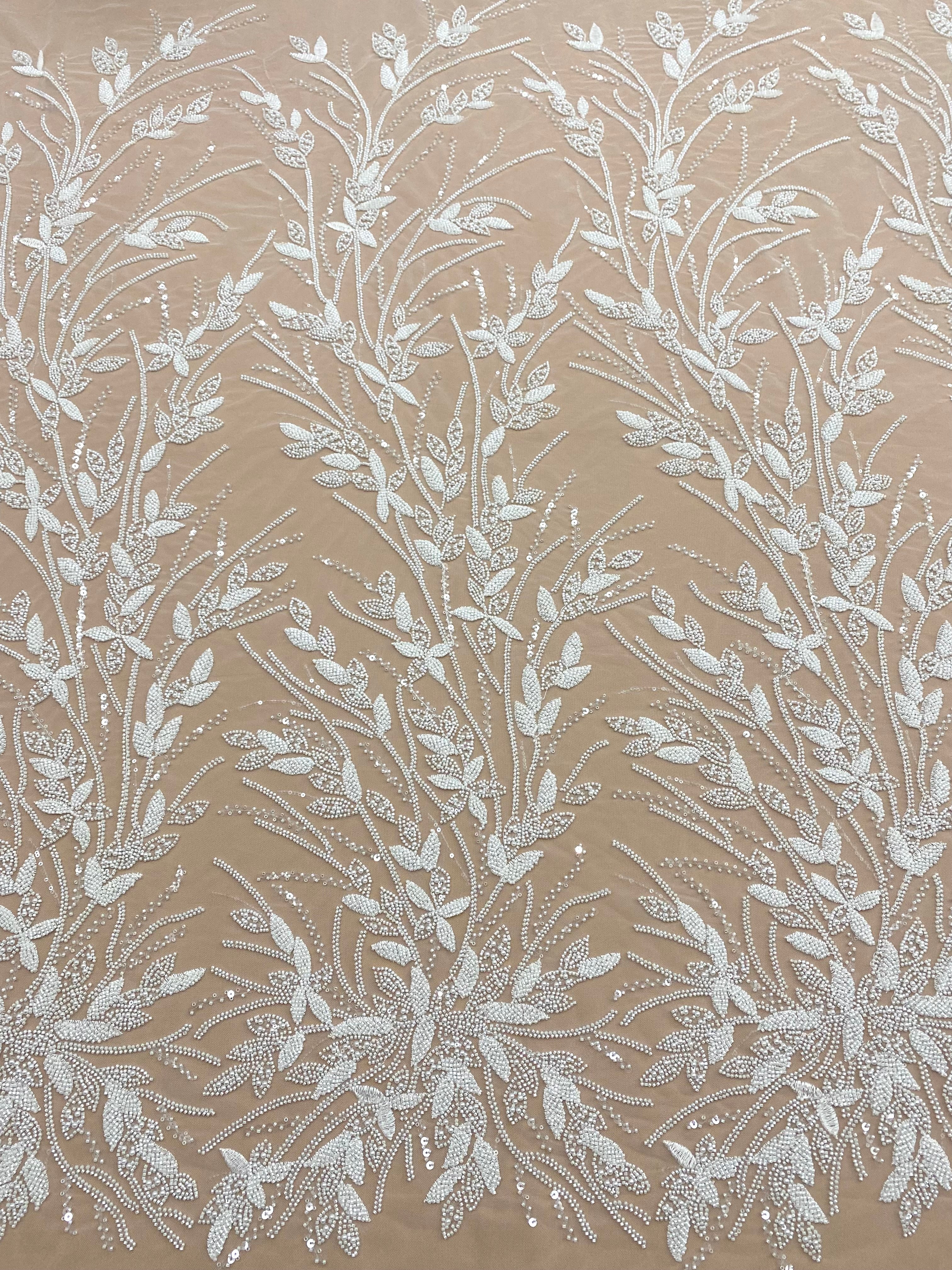 Cupon 1.82 m din Dantela Couture Ivory cu Model Floral, Perle, Margele si Paiete