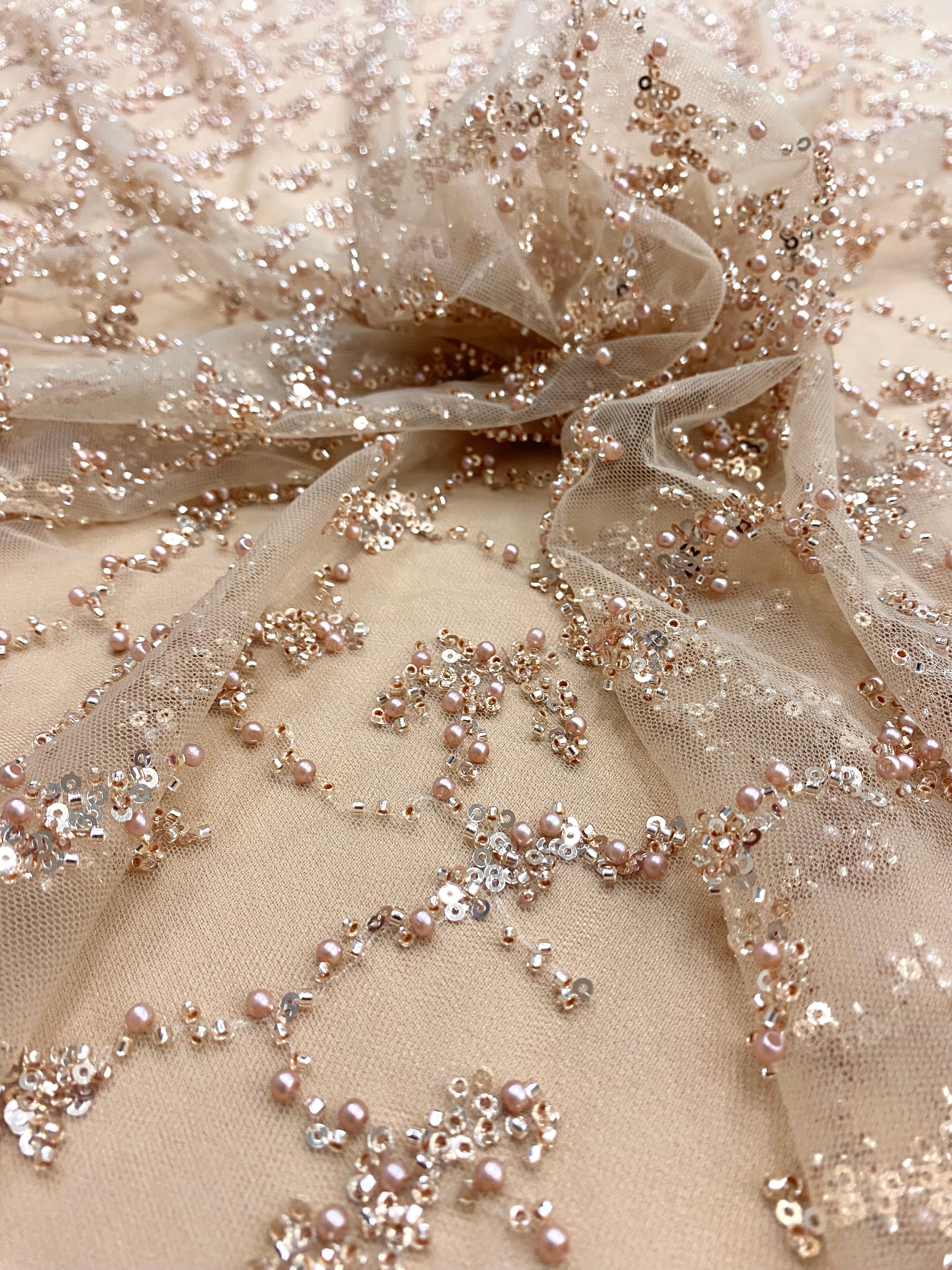 Rose Gold Couture Lace with Pearls, Beads and Sequins 