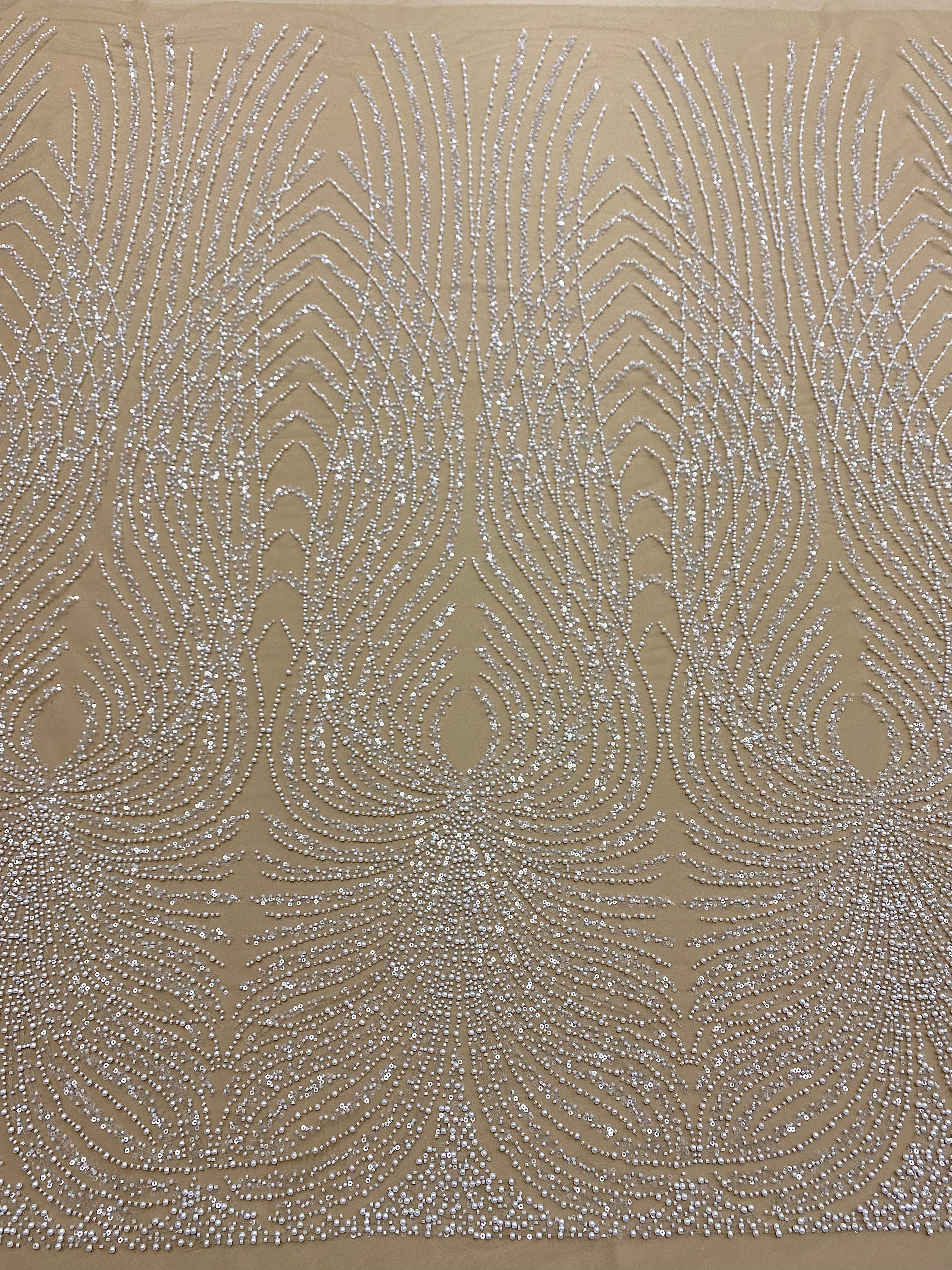 Dantela Couture Ivory pe Tulle Nude cu Panou, cu Perle, Margele si Paiete