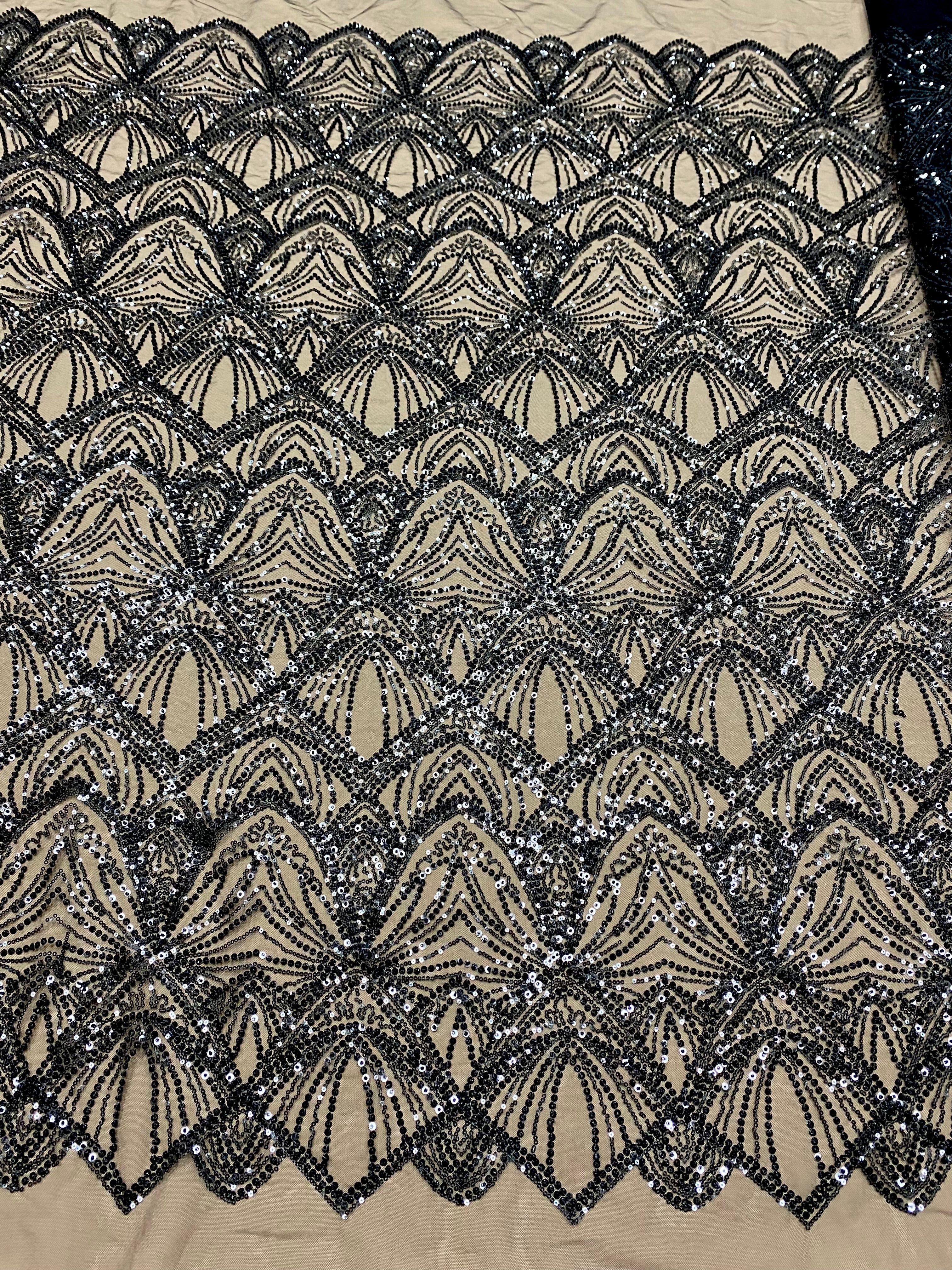 Silver Couture Lace on Blue Tulle, with Symmetrical Pattern, with Beads and Sequins 