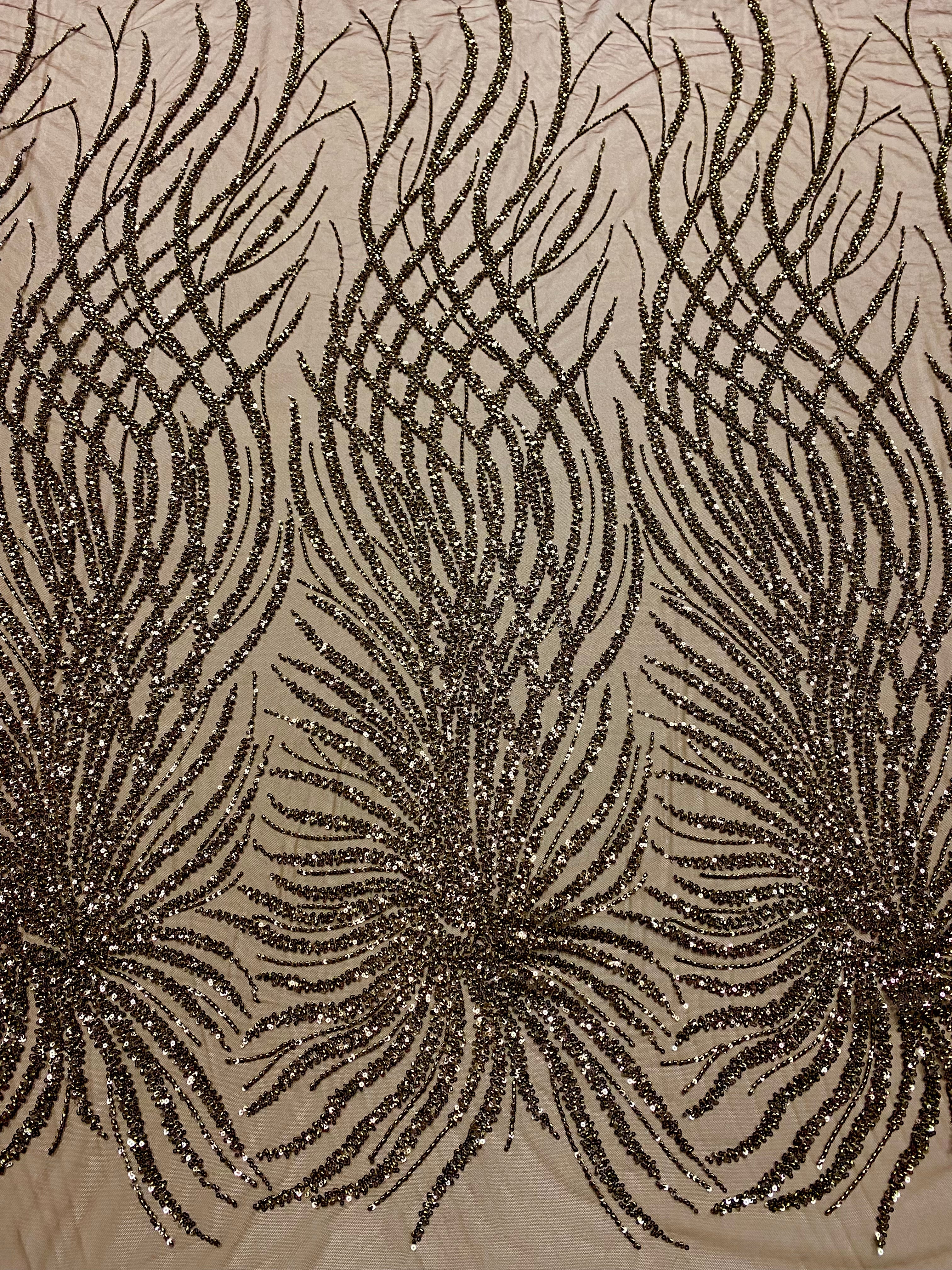 Brown Lace with Geometric Pattern, with Beads and Sequins