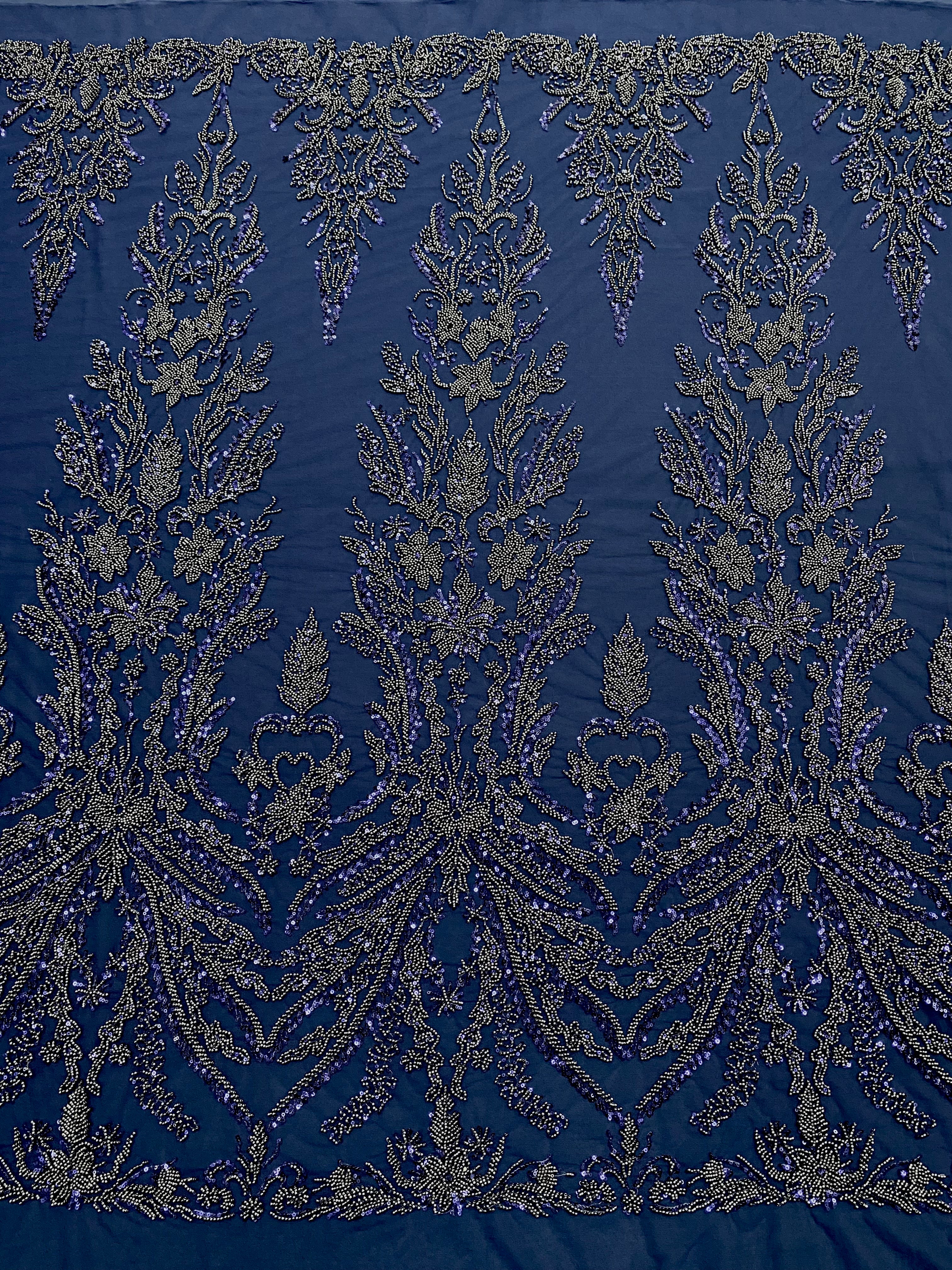 Navy Blue Couture Lace with Floral Pattern, Beads and Sequins