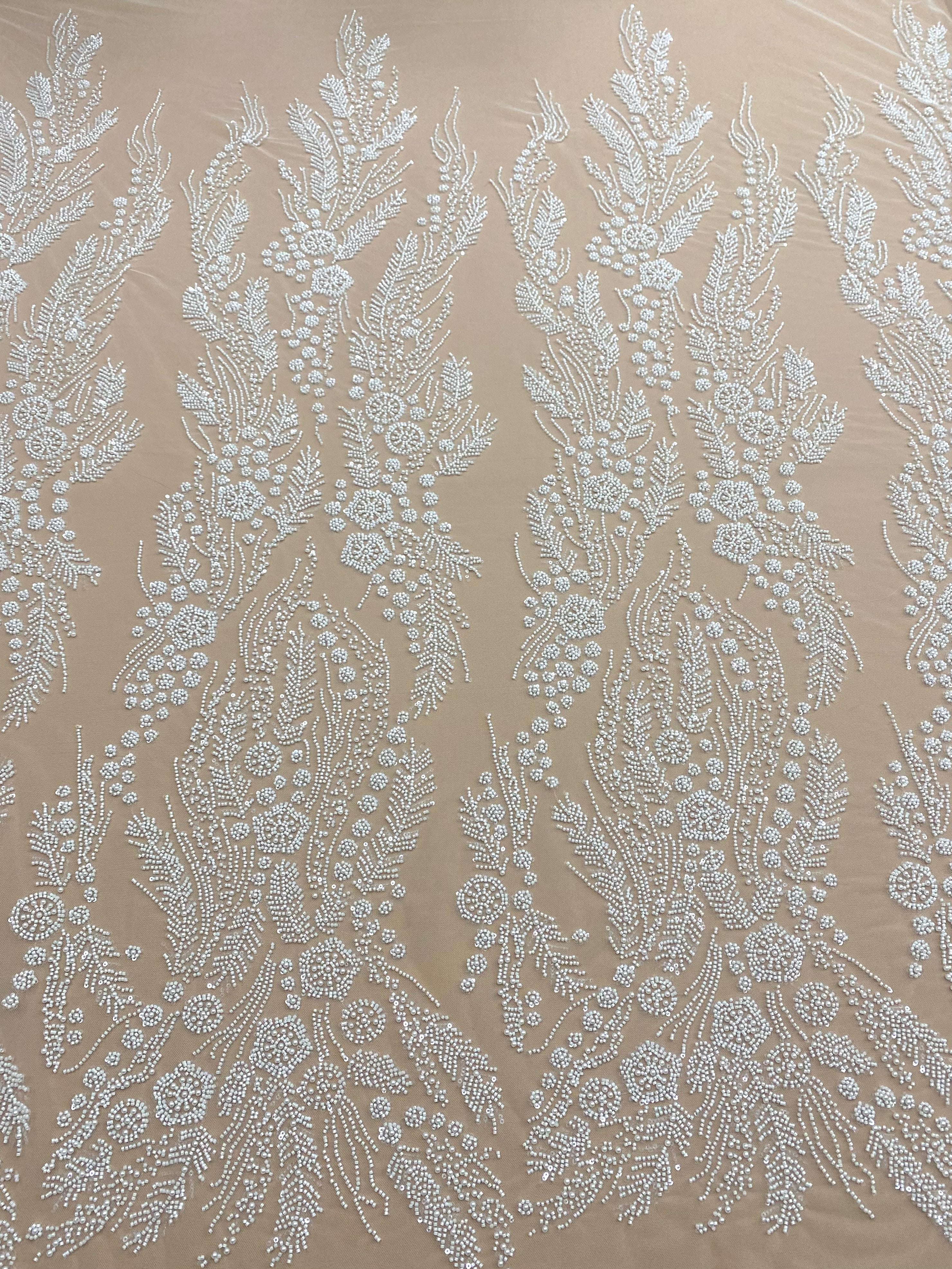 Dantela Couture Ivory cu Model Floral, Perle, Margele si Paiete
