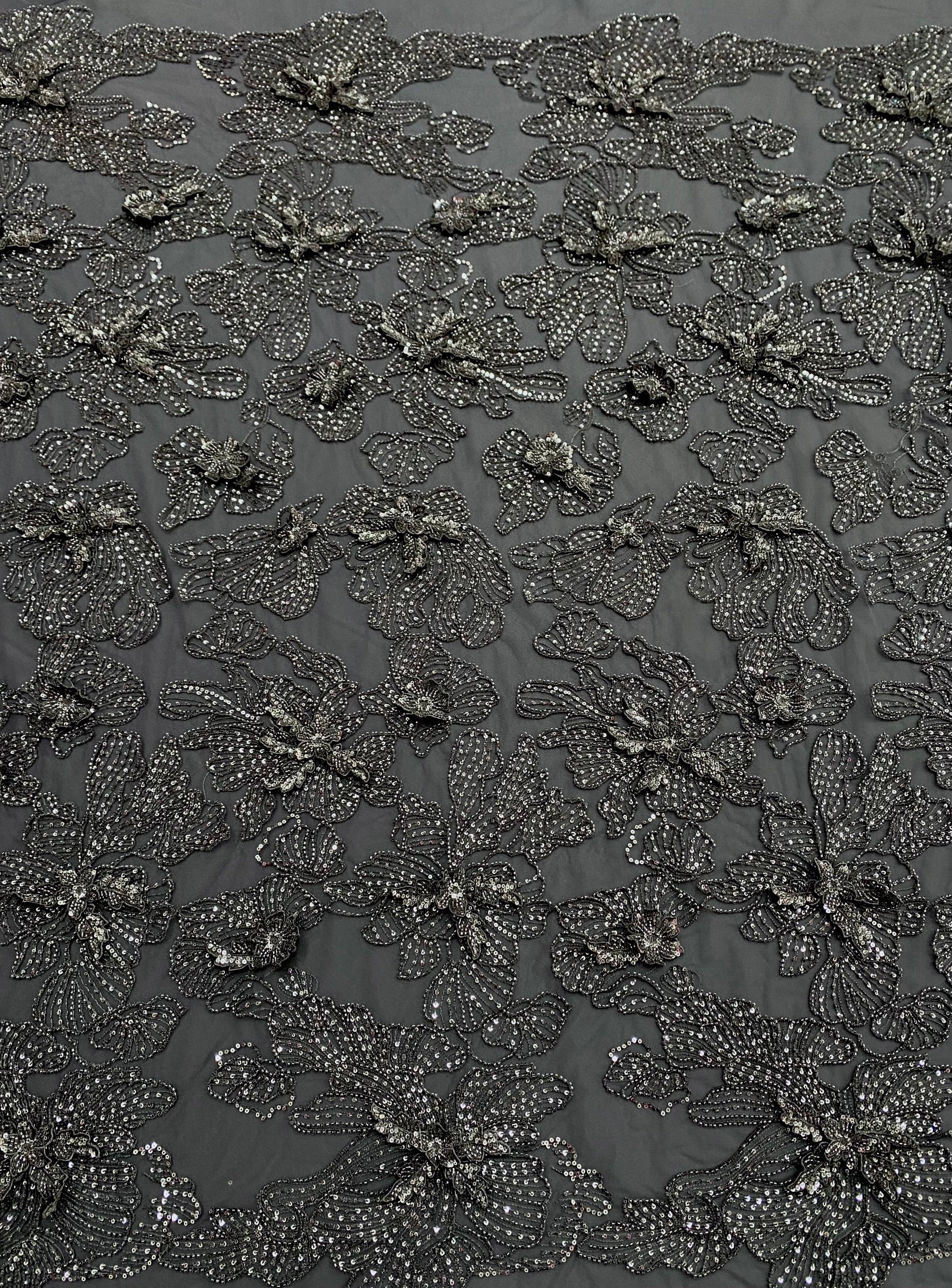 Dantela Couture 3D cu Flori Gri Antracit cu Margele si Paiete