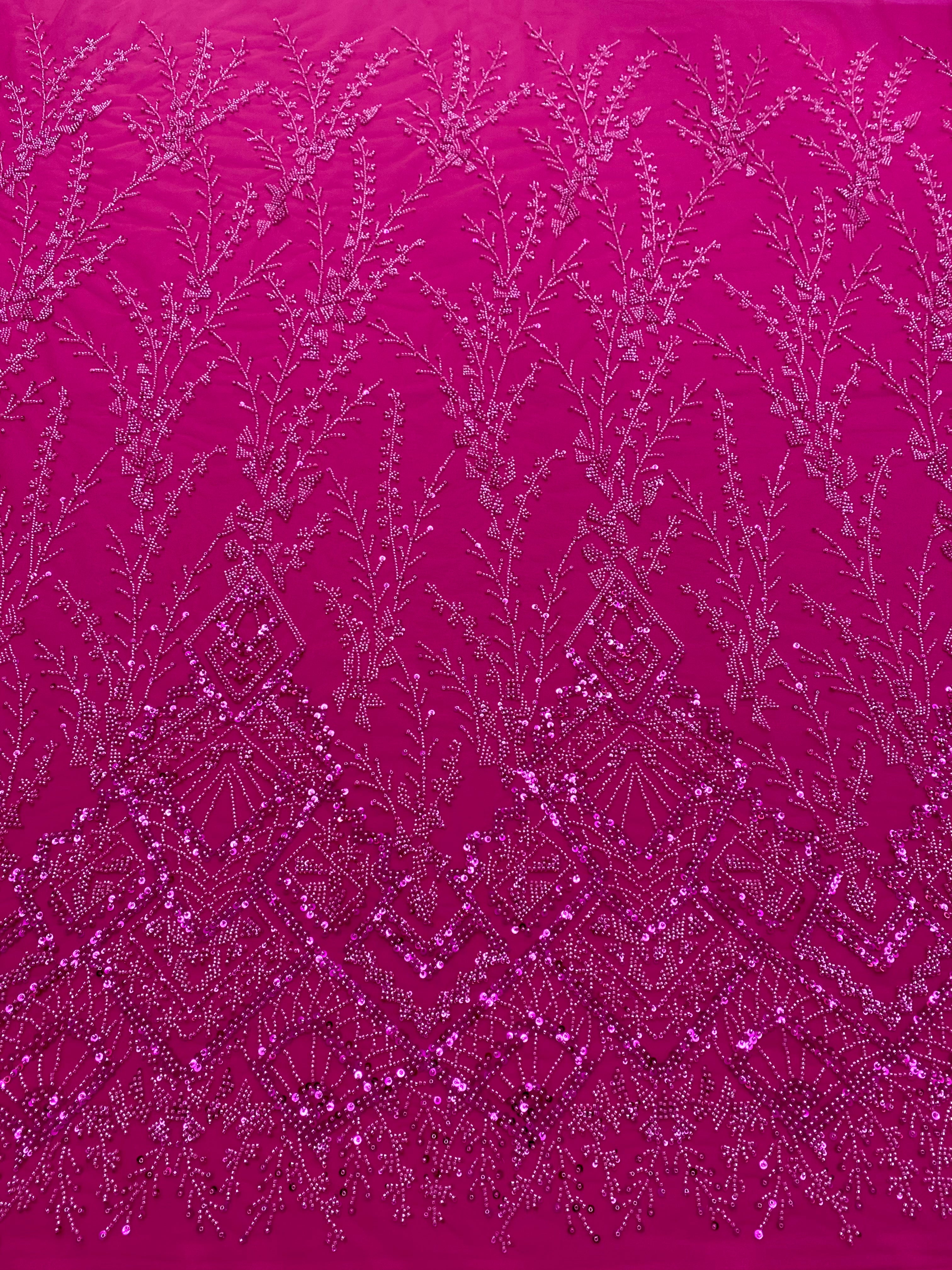 Dantela Couture Fucsia cu Model Geometric, cu Margele si Paiete