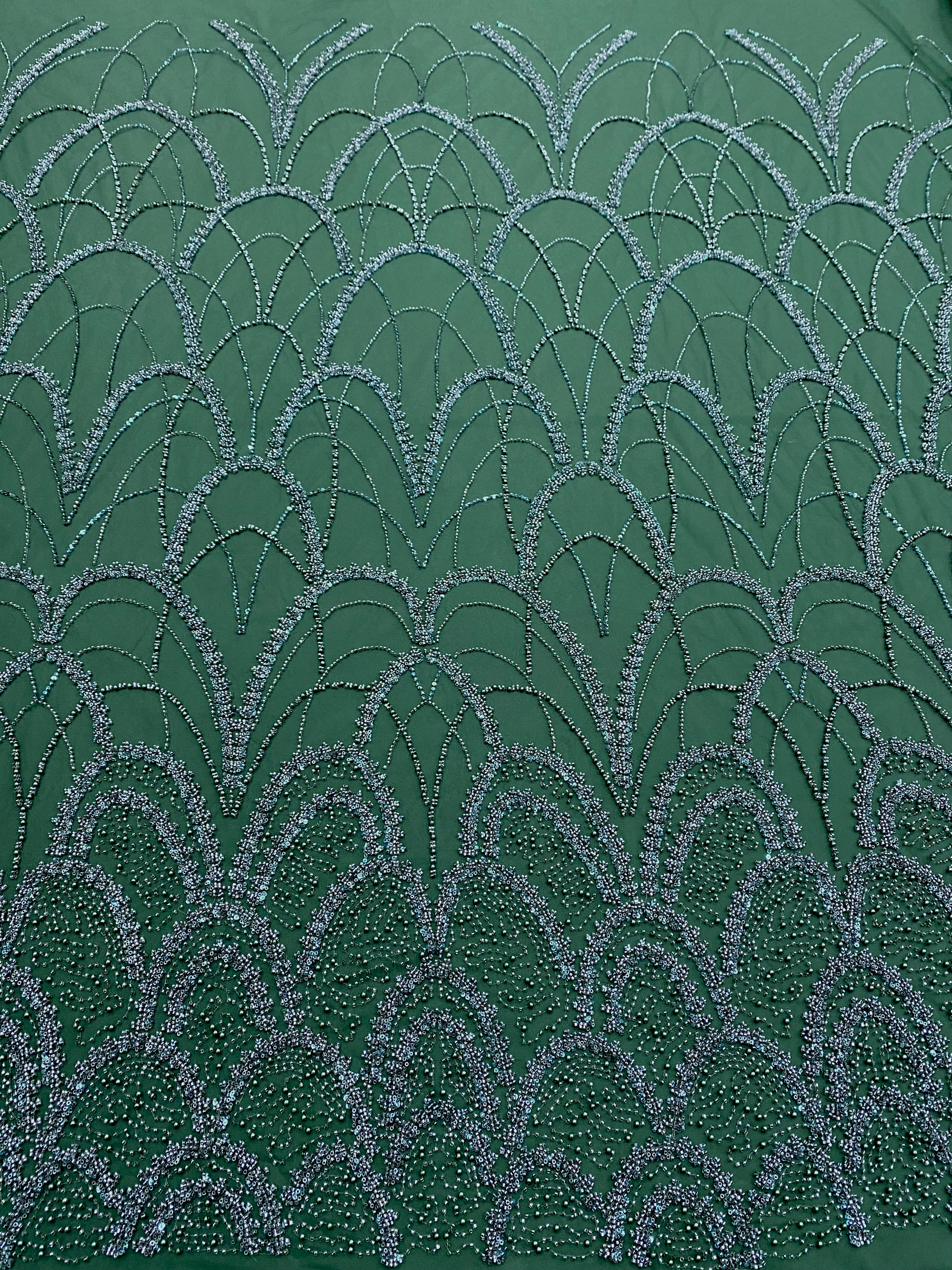Emerald Green Couture Lace with Geometric Pattern, with Pearls, Beads and Sequins