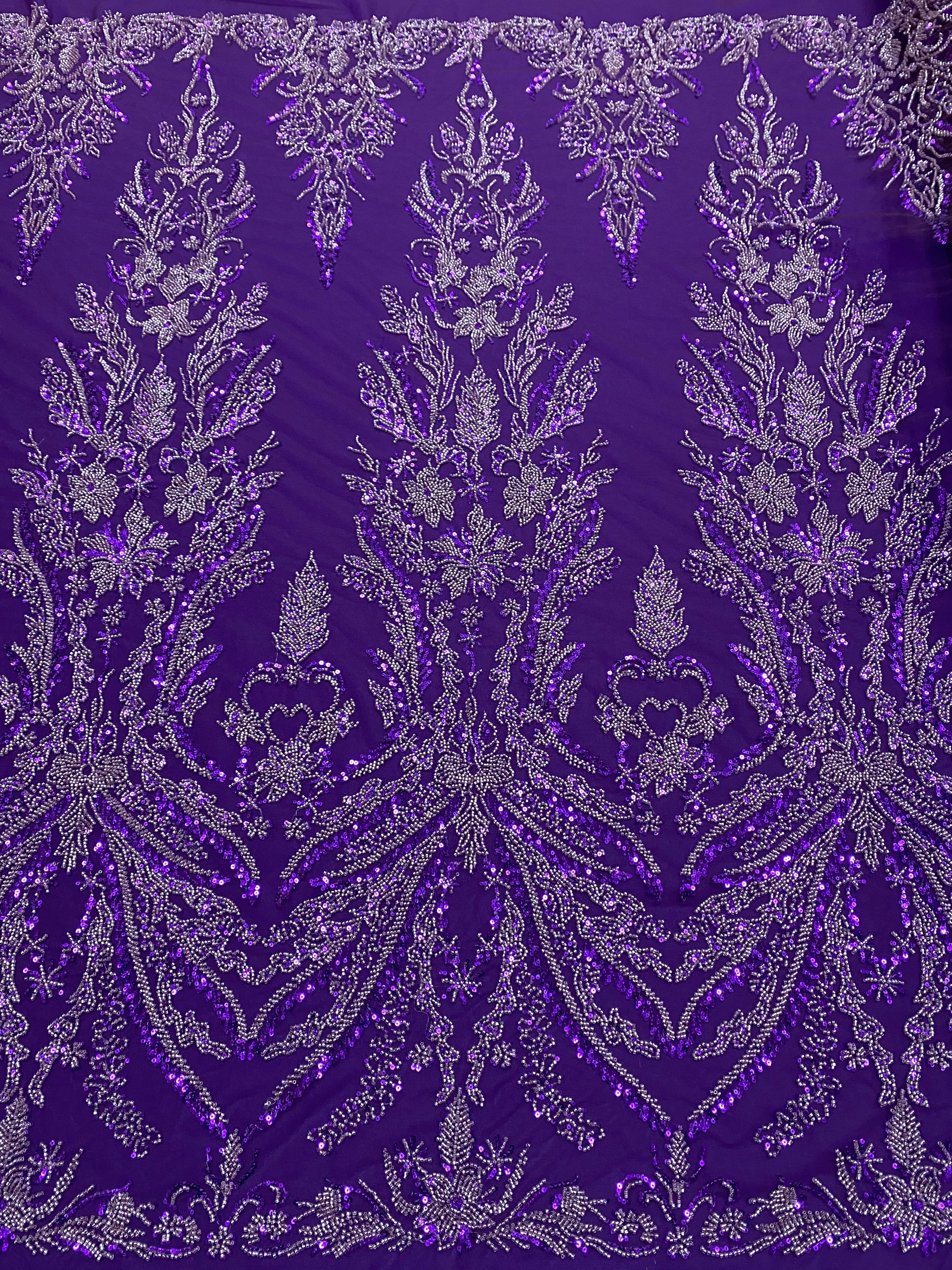 Dantela Couture Mov Inchis cu Model Floral, cu Margele si Paiete
