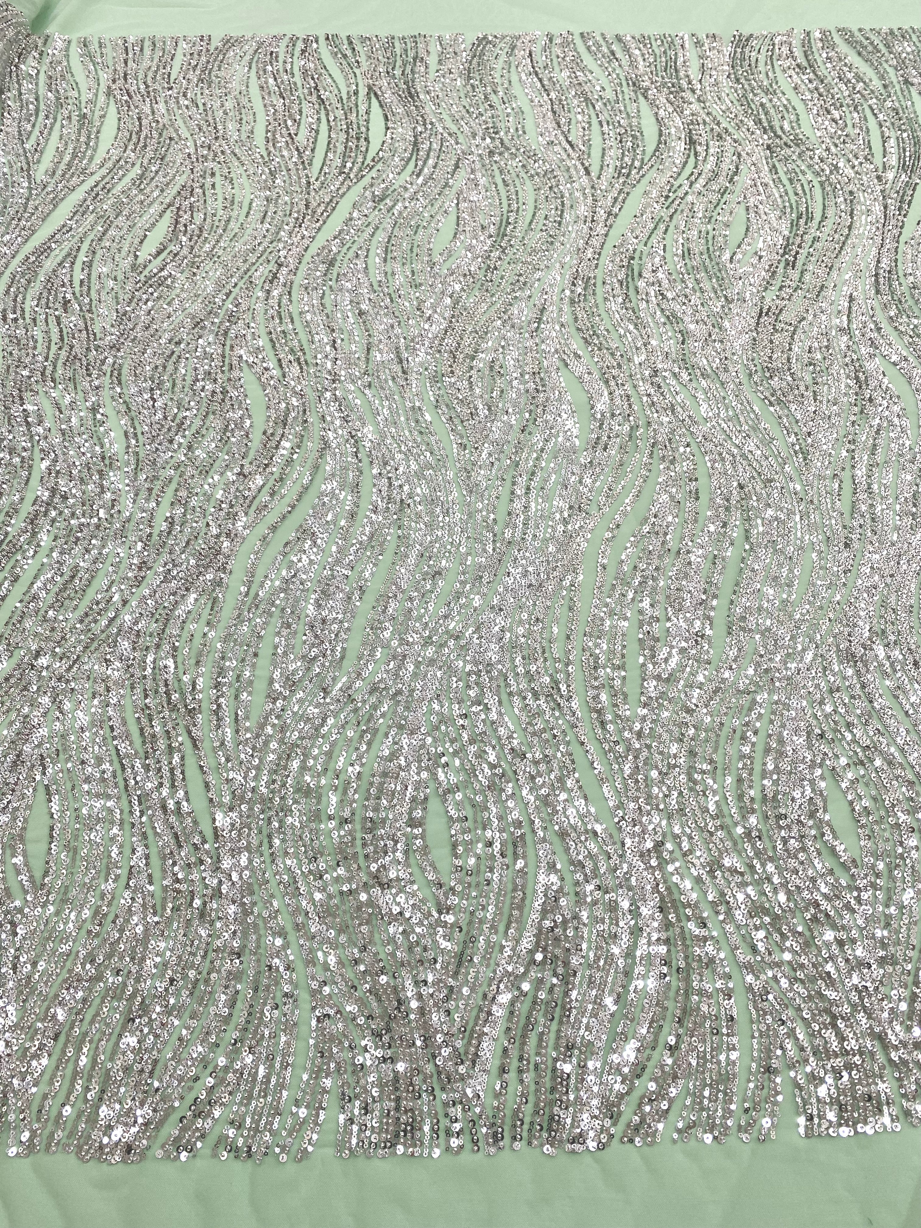 Silver Couture Lace on Mint Green Tulle with Linear Pattern, Beads and Sequins