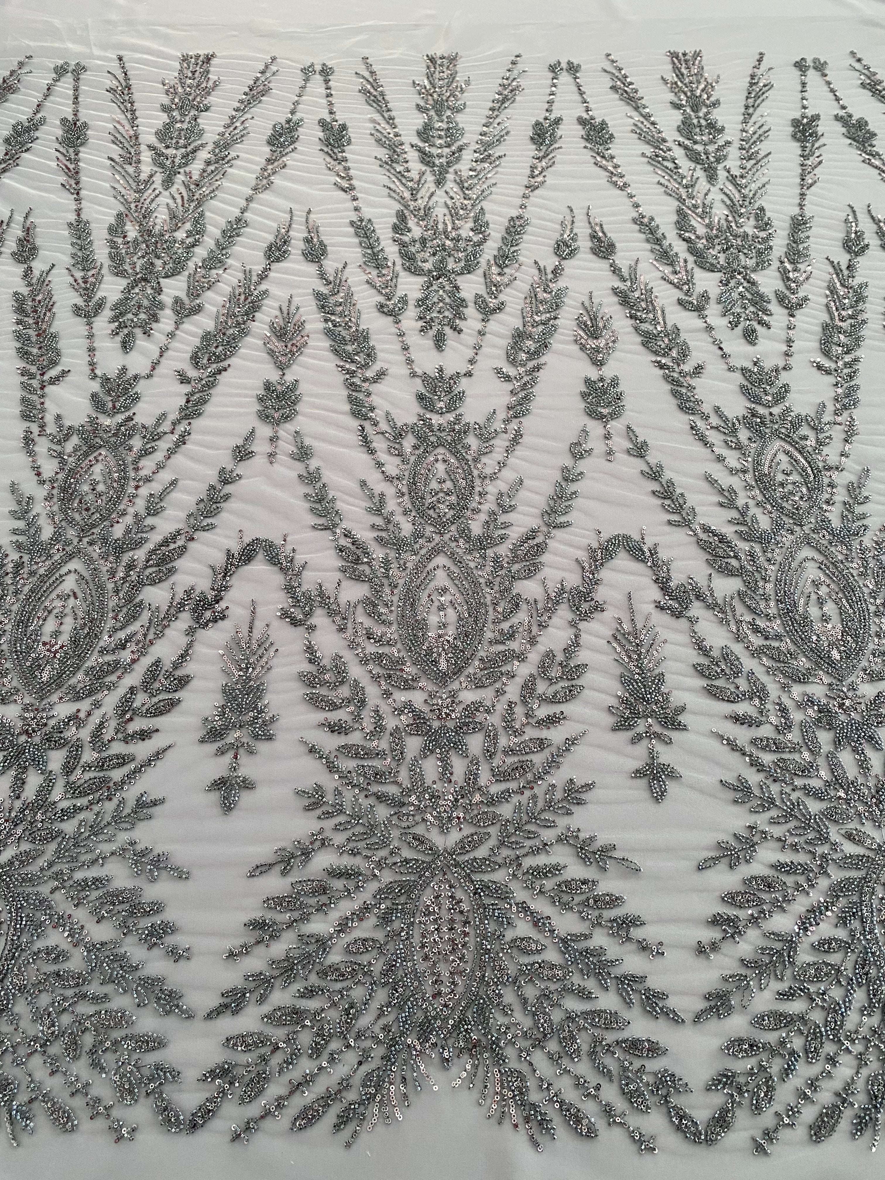 Dantela Couture Gri Antracit cu Model Simetric, cu Margele si Paiete