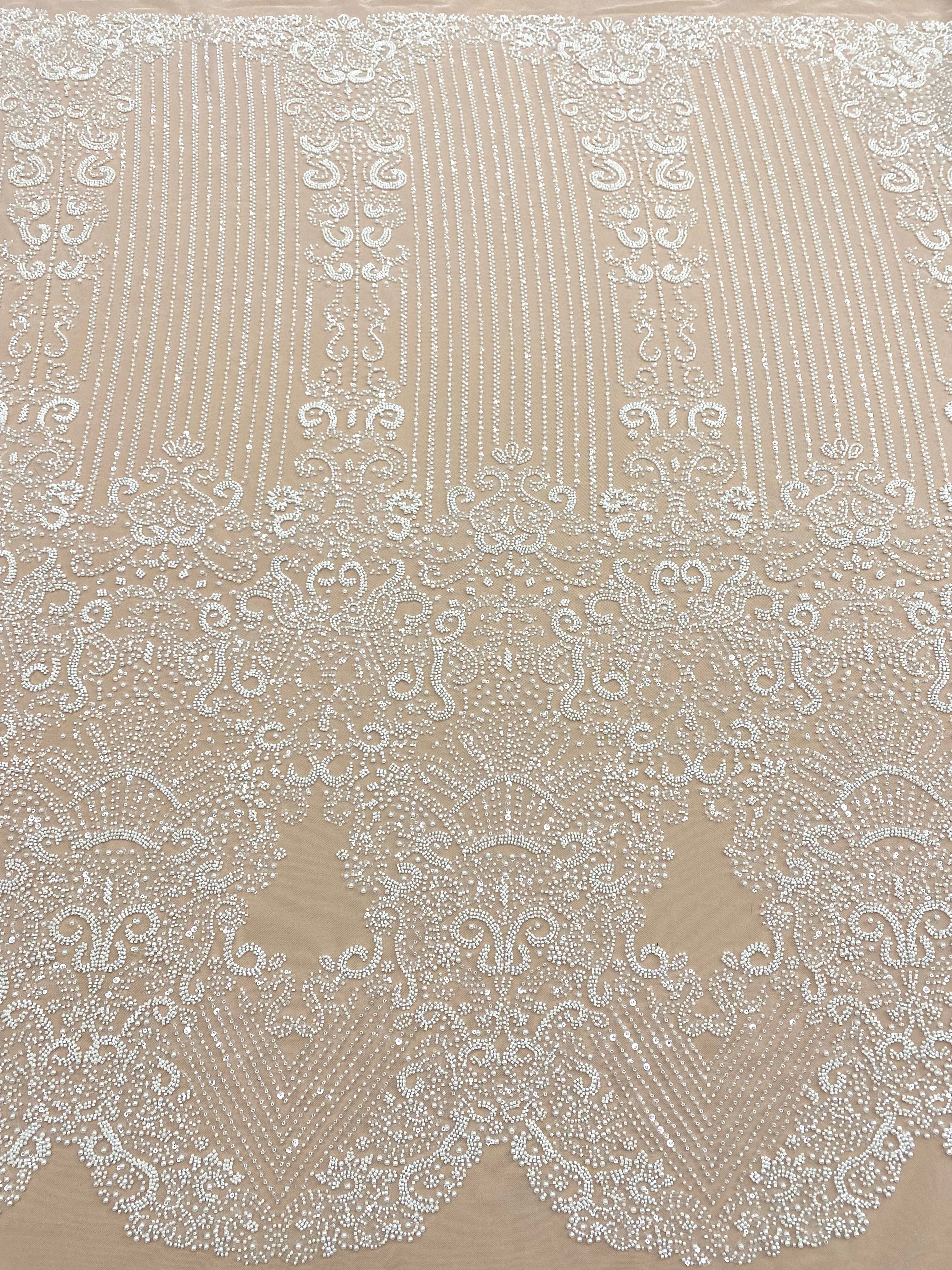 Dantela Couture Ivory cu Model Geometric, cu Perle, Margele si Paiete