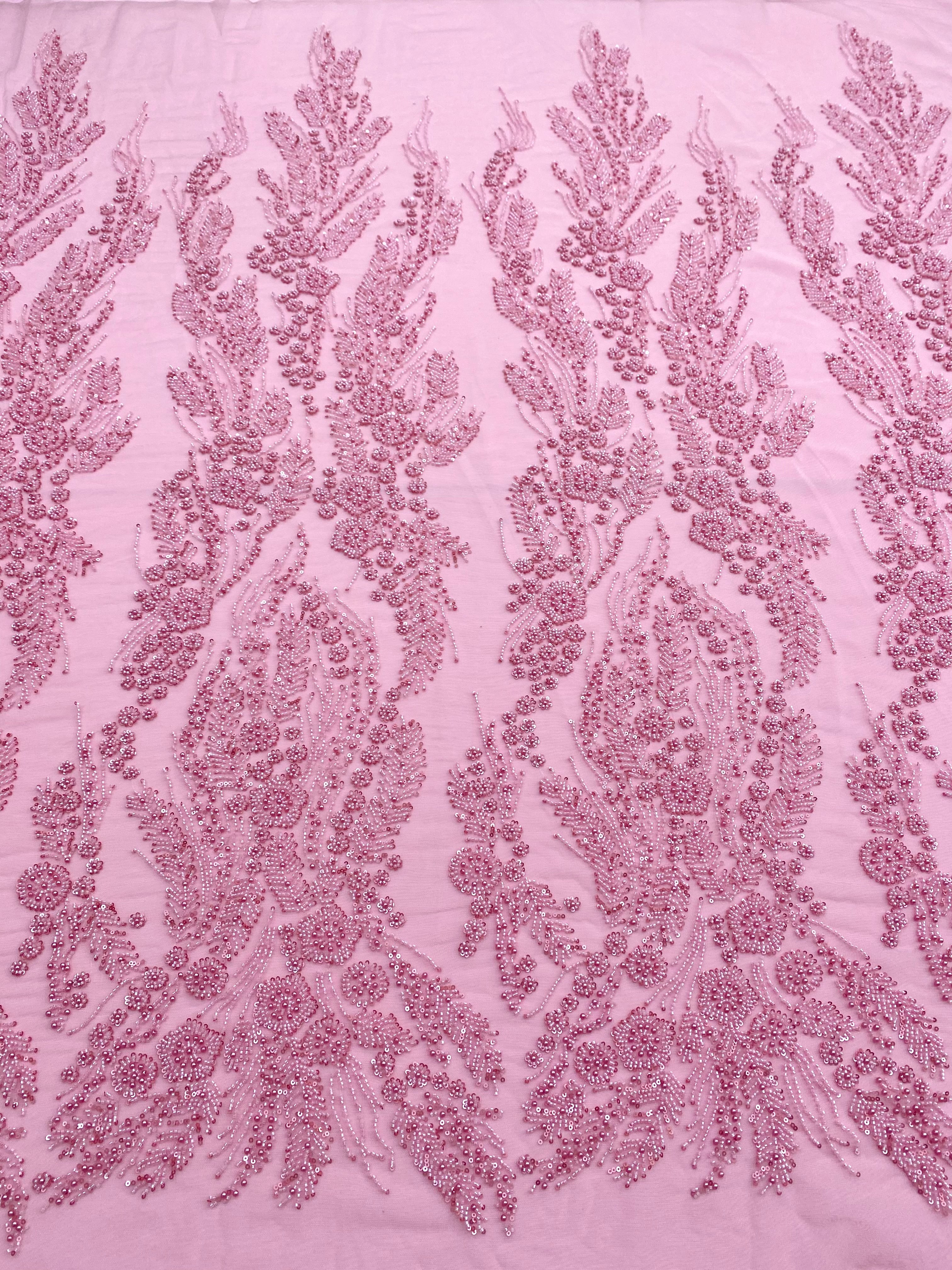 Dantela Couture Roz cu Model Floral, Perle, Margele si Paiete