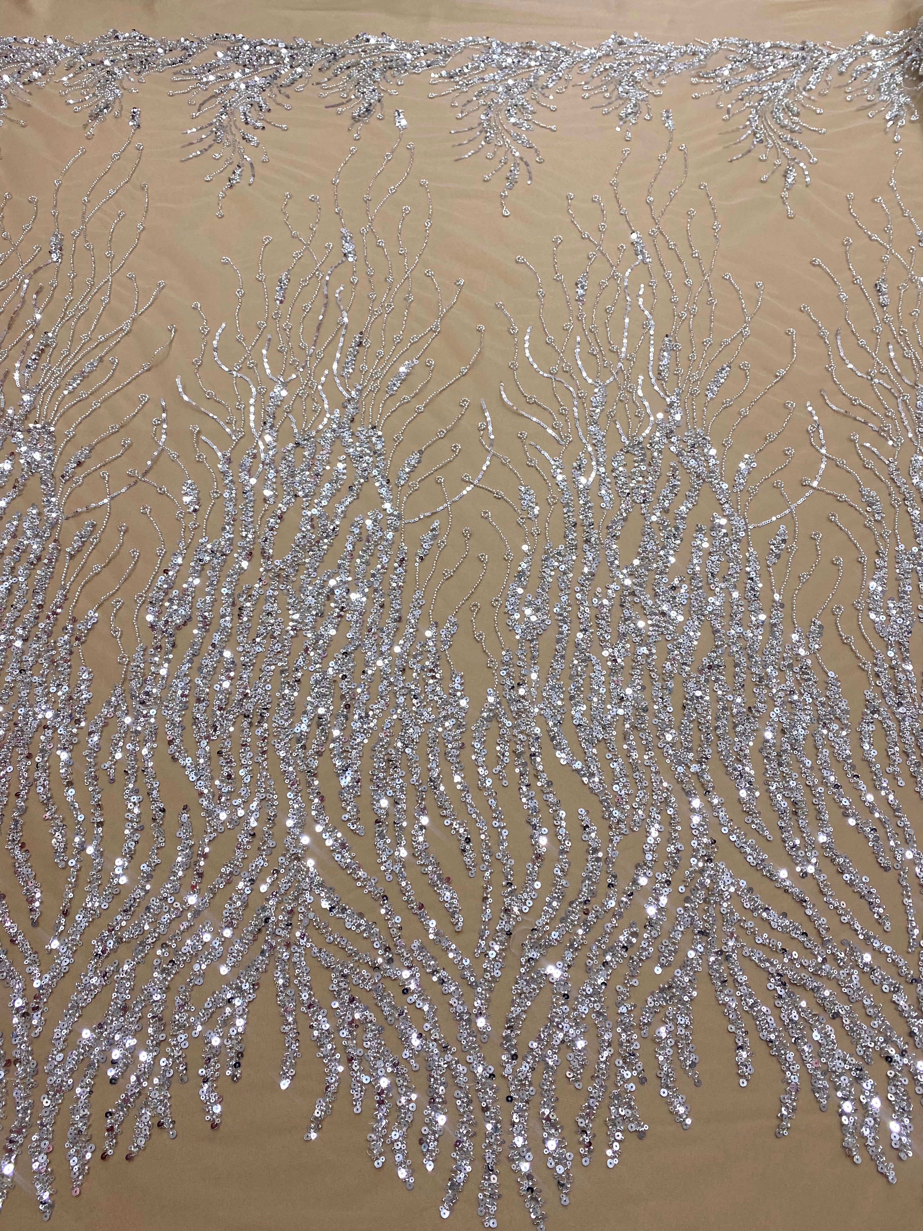 Silver Lace with Linear Pattern, with Pearls and Sequins