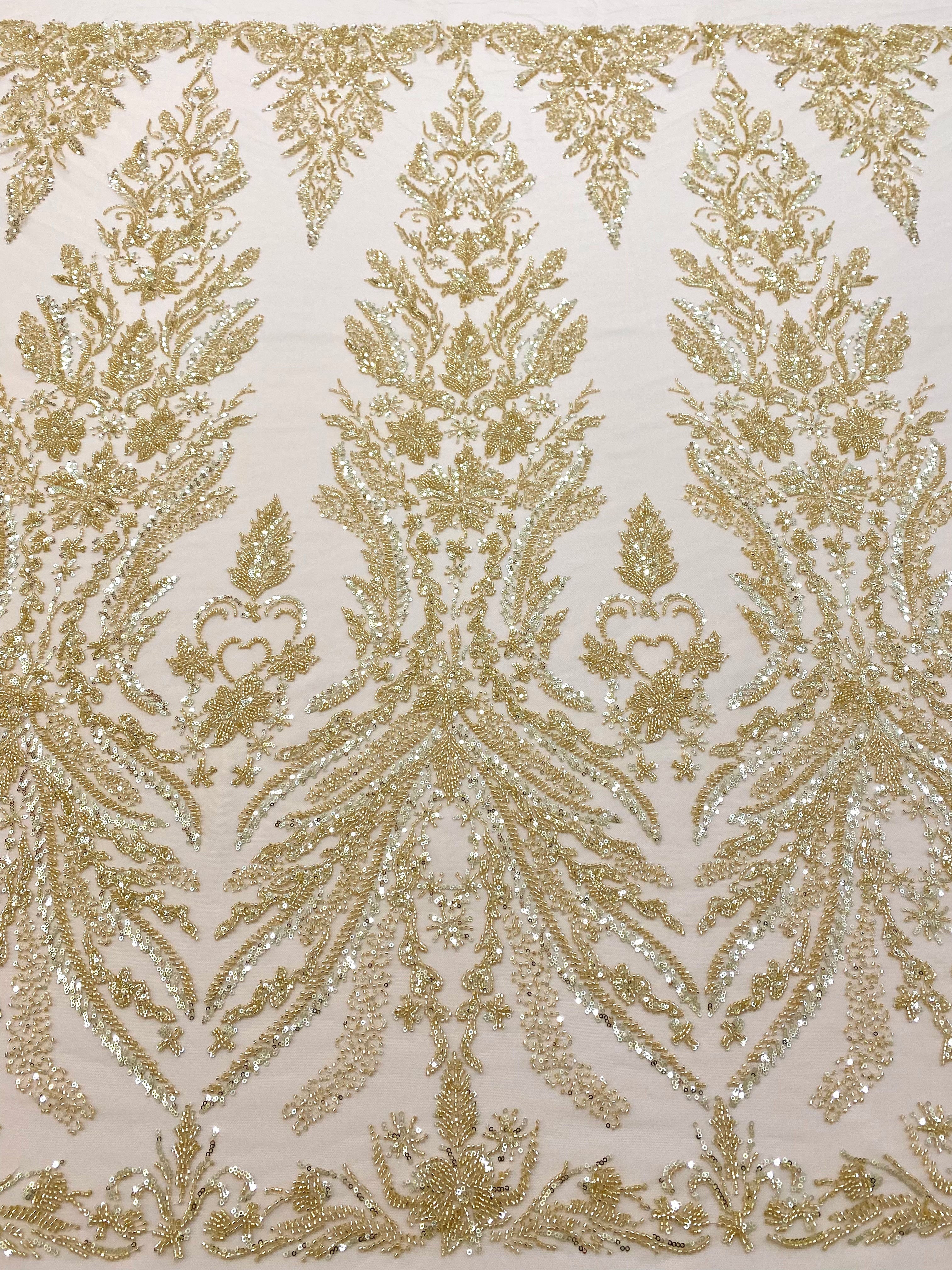 Gold Couture Lace with Floral Pattern, with Pearls, Beads and Sequins