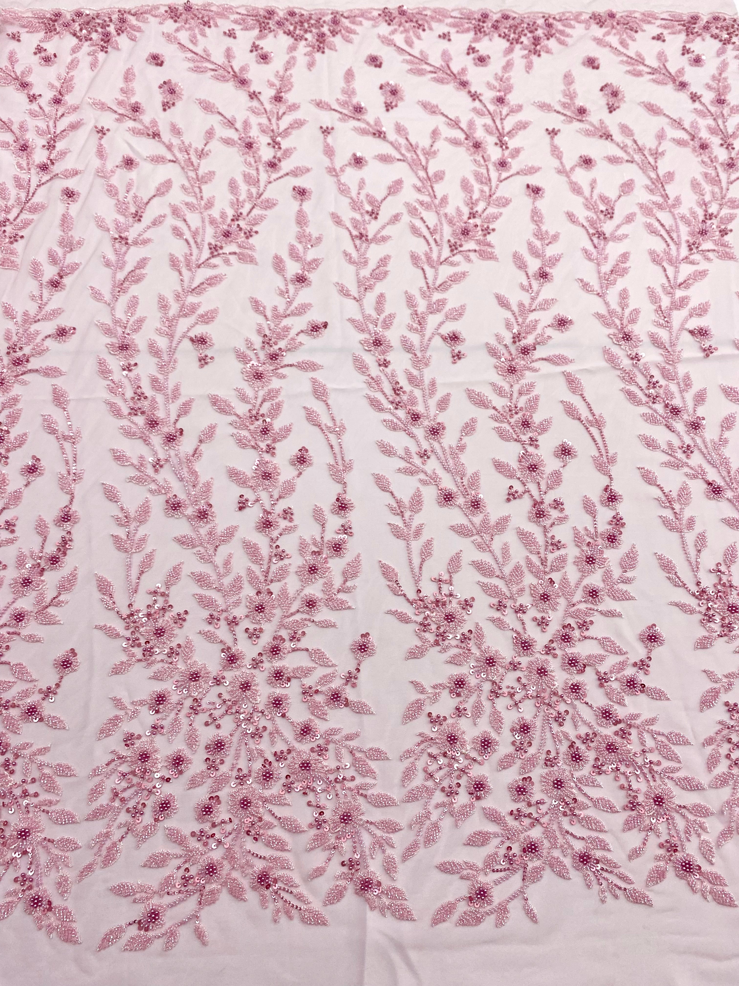 Dantela Couture Roz cu Model Floral, Perle, Margele si Paiete