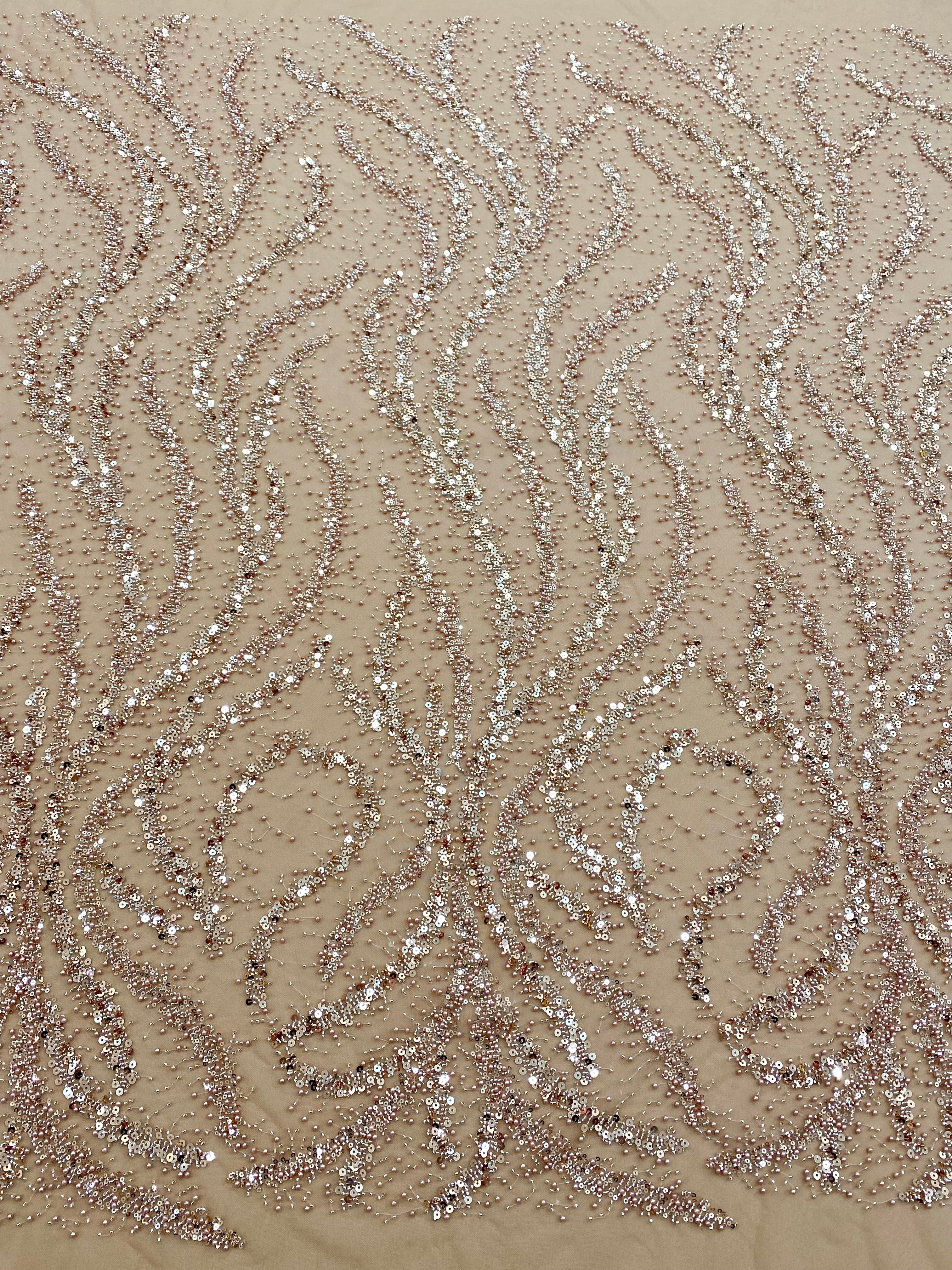 Dantela Couture Auriu Rose cu Perle, Margele si Paiete