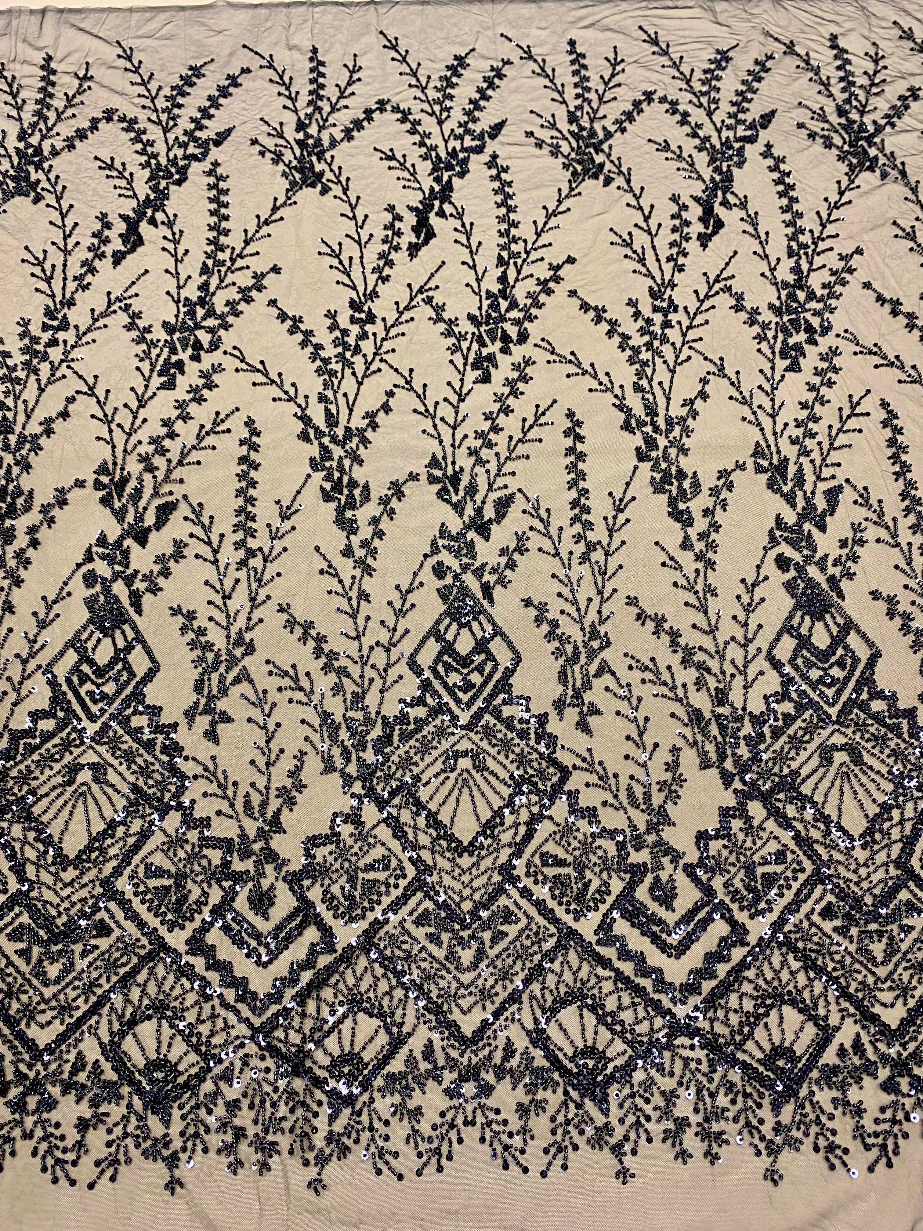 Dantela Couture Neagra cu Model Geometric, cu Margele si Paiete