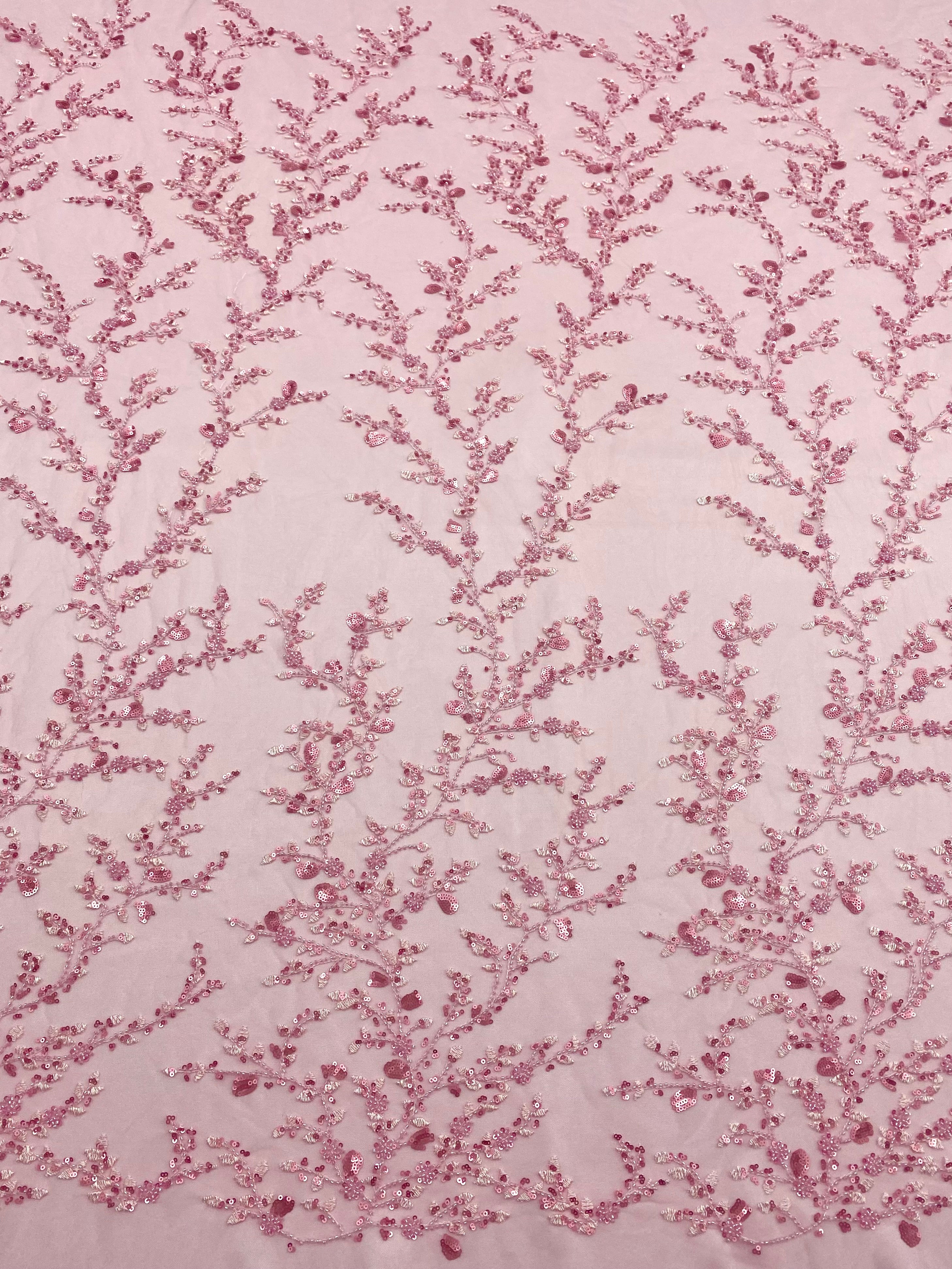 Pink Couture Lace with Floral Pattern, with Beads and Sequins