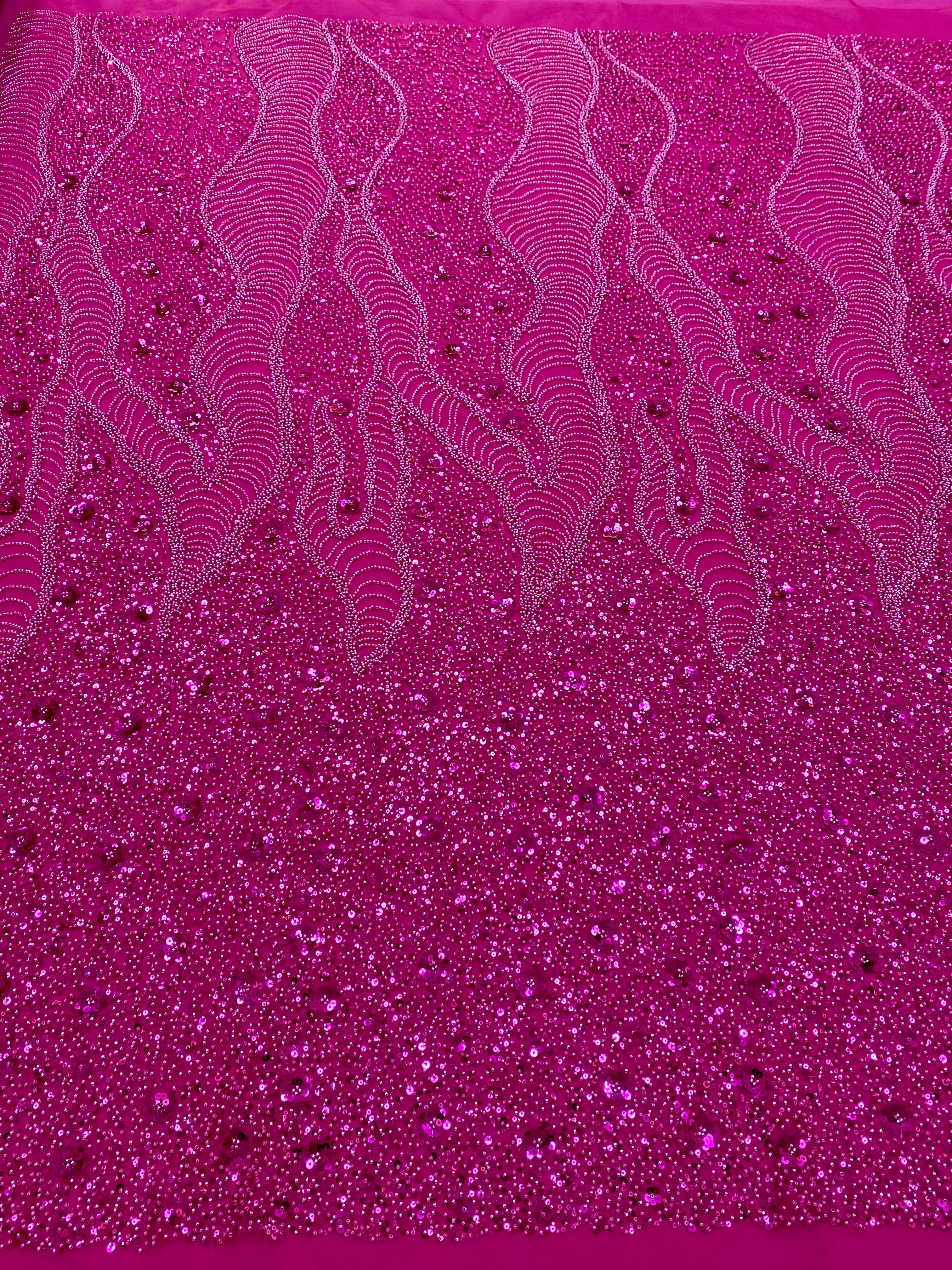 Dantela Couture Fucsia cu Model Geometric si Flori, cu Margele si Paiete