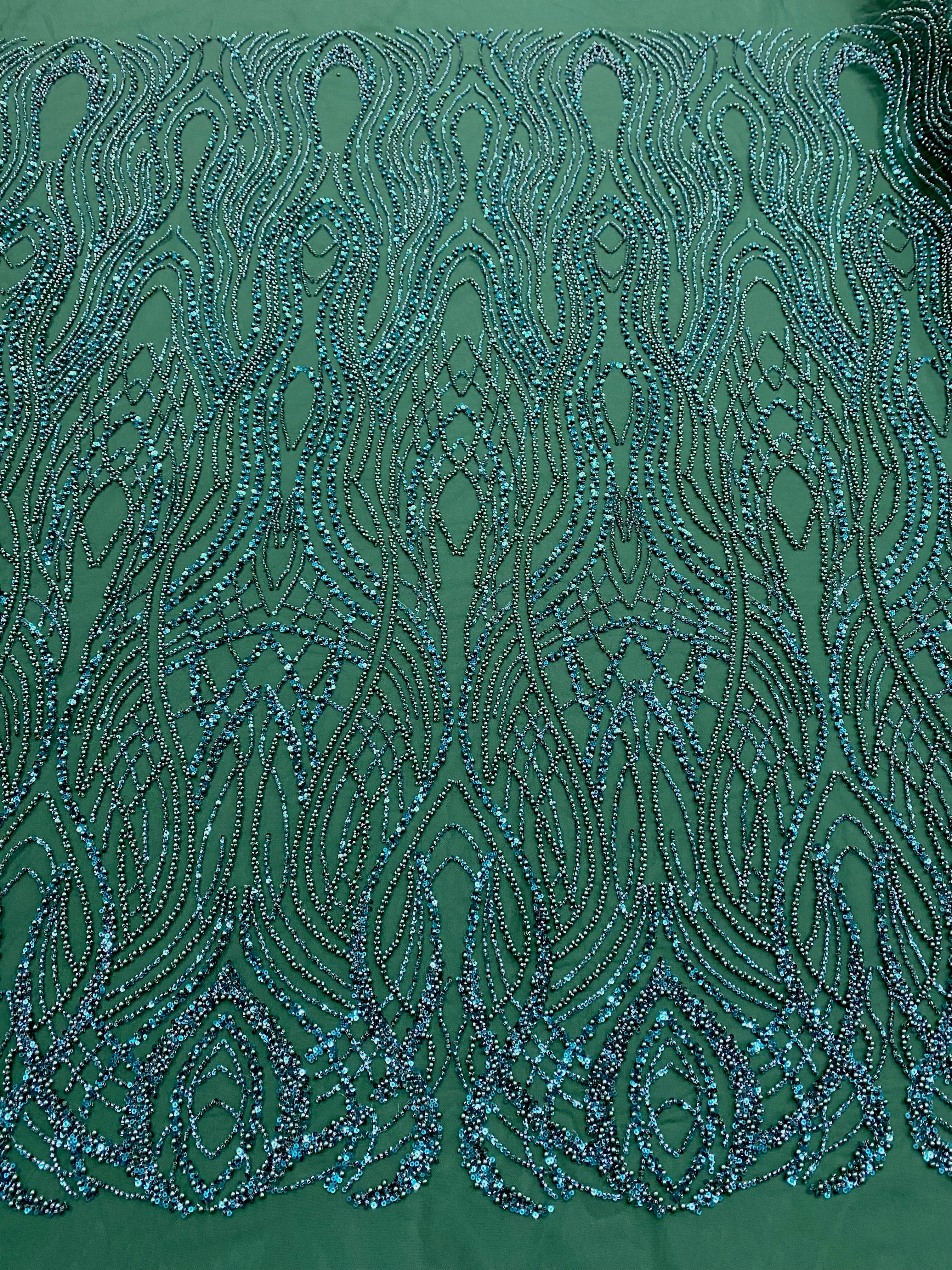 Dantela Couture Verde Smarald cu Perle, Margele si Paiete