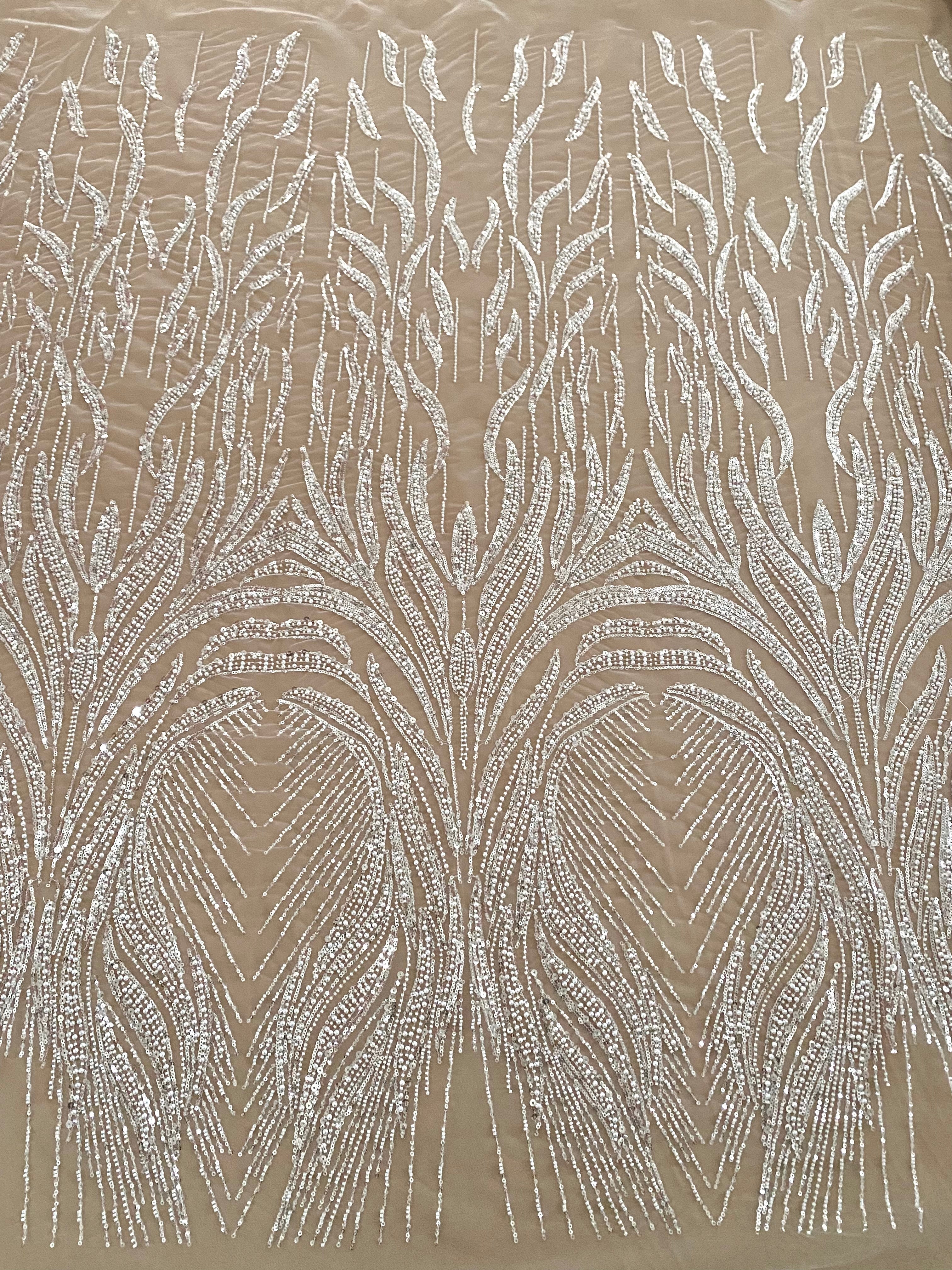 Dantela Couture Ivory cu Model Geometric, cu Perle, Margele si Paiete