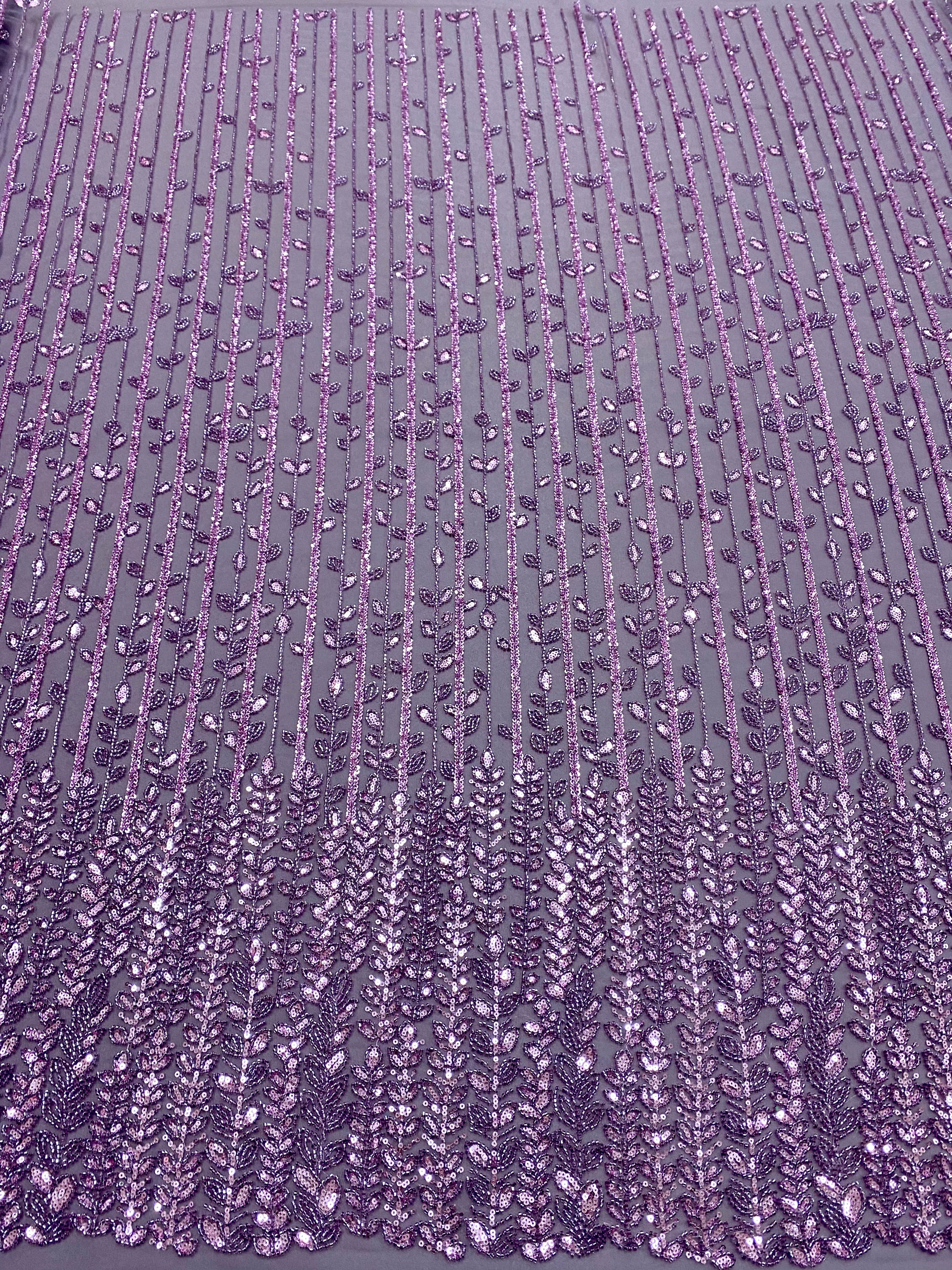 Dantela Couture Lavanda Pudrata cu Model Liniar si Frunze, cu Margele si Paiete