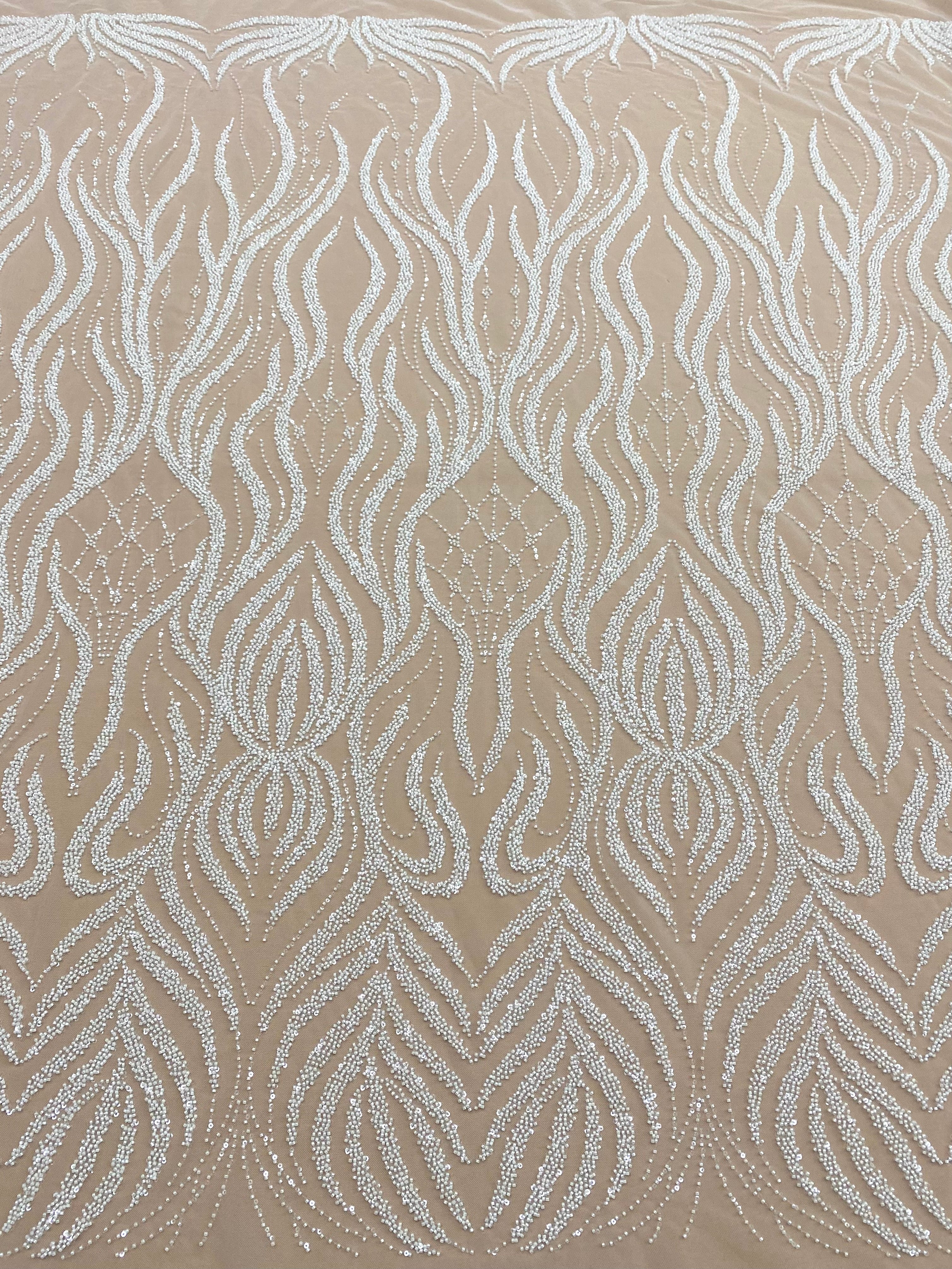 Dantela Couture Ivory cu Model Geometric, cu Margele si Paiete