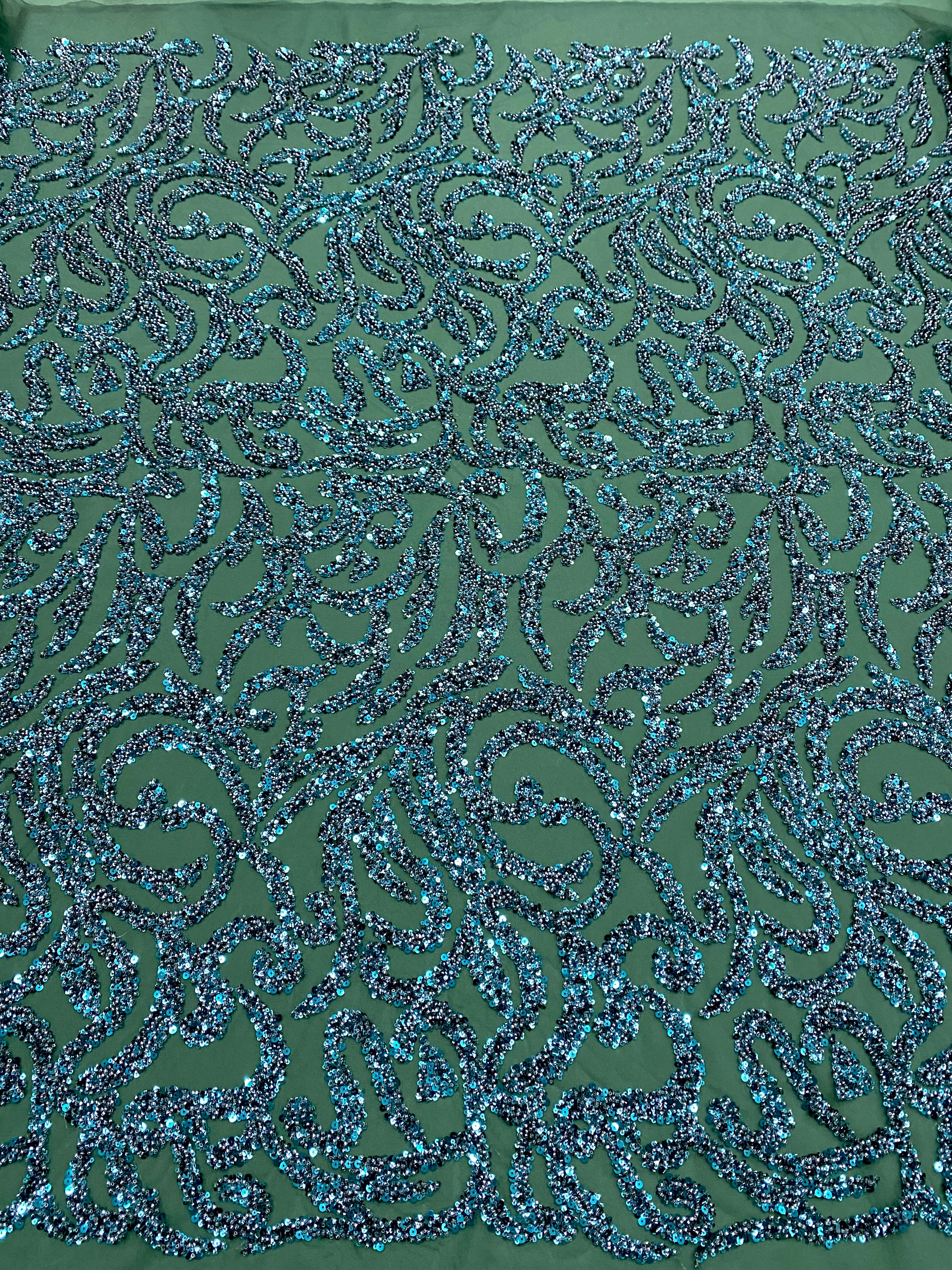 Emerald Green Couture Lace with Geometric Pattern, with Beads and Sequins