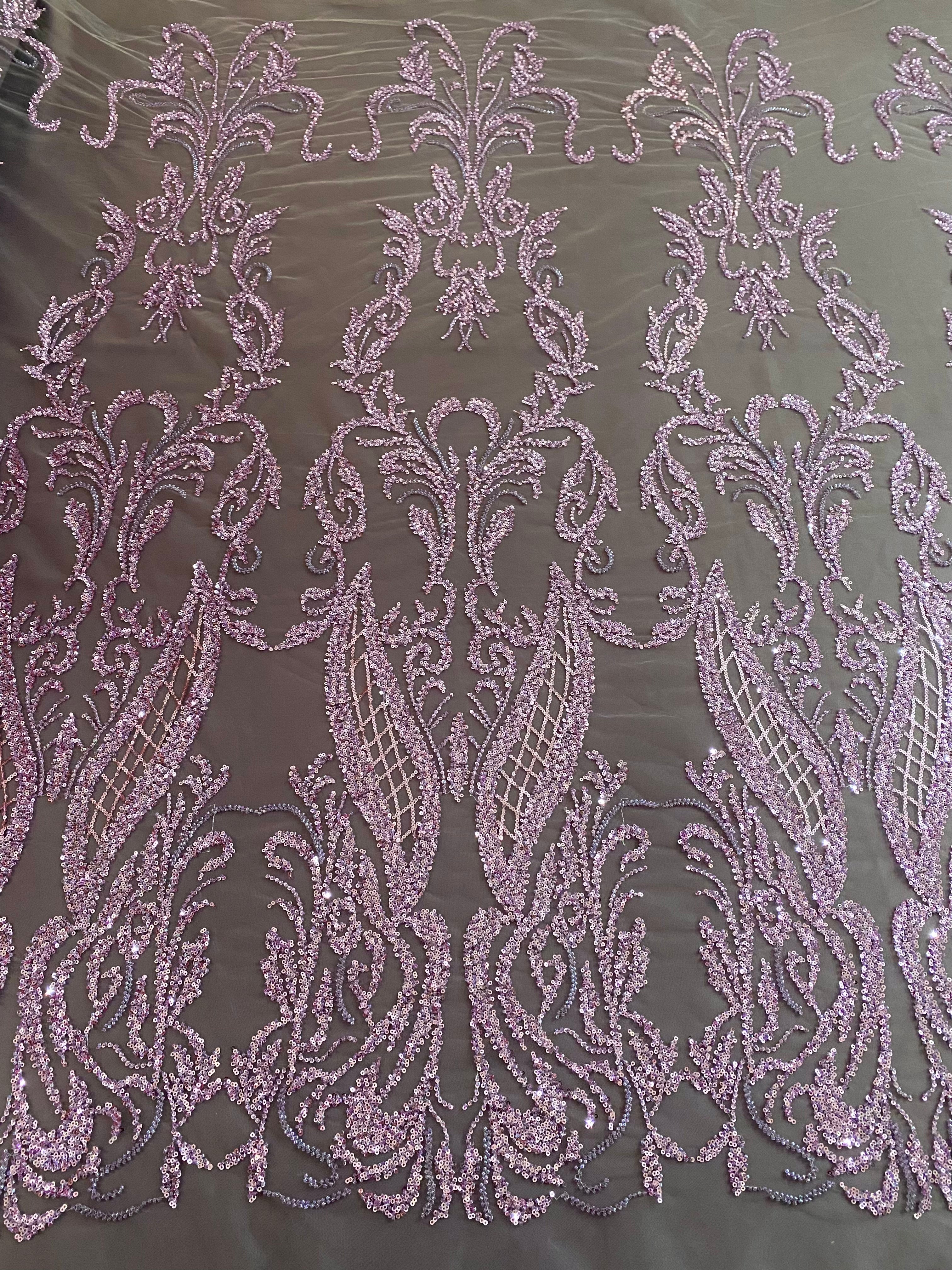 Dantela Couture Lavanda Pudrata cu Model Geometric, cu Margele si Paiete