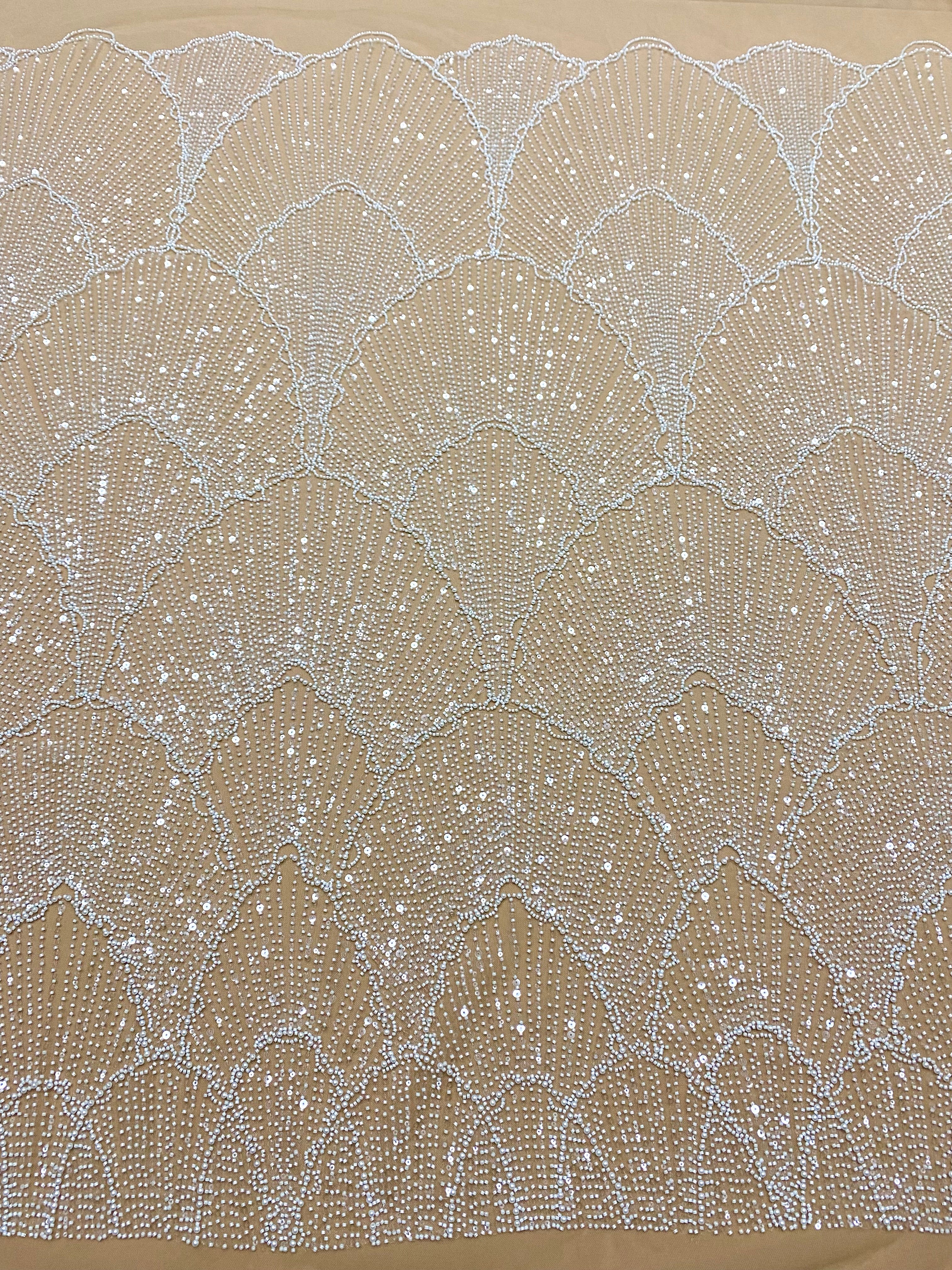 Cupon 1.30 m din Dantela Couture Ivory pe Tulle Nude cu Model Geometric, cu Perle, Margele si Paiete