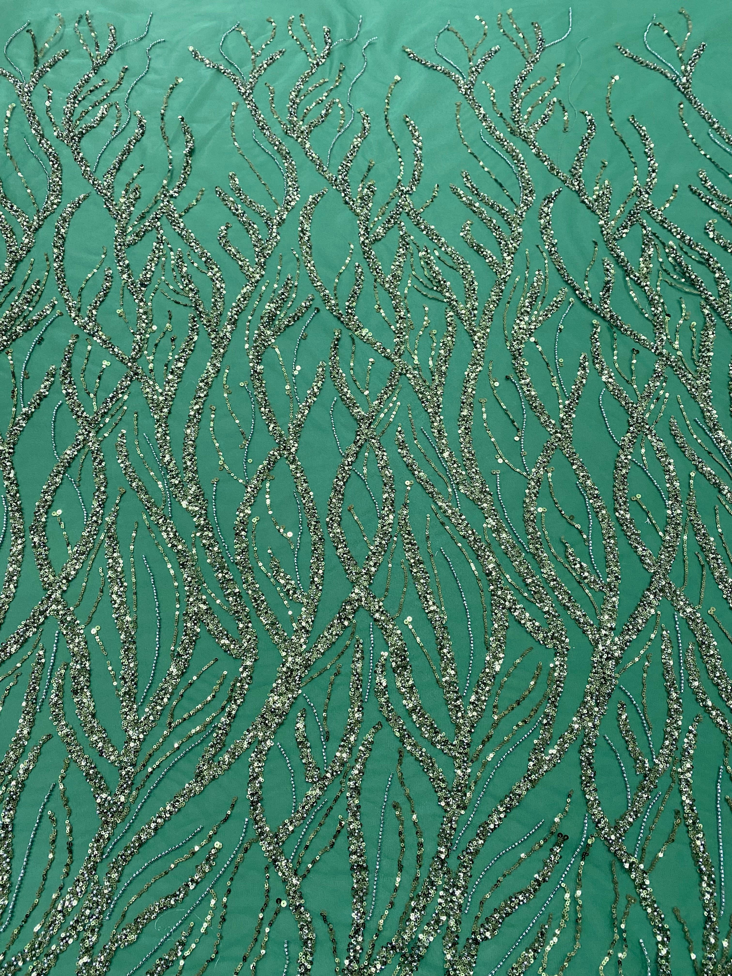 Dantela Couture Verde Smarald cu Siraguri, cu Margele si Paiete