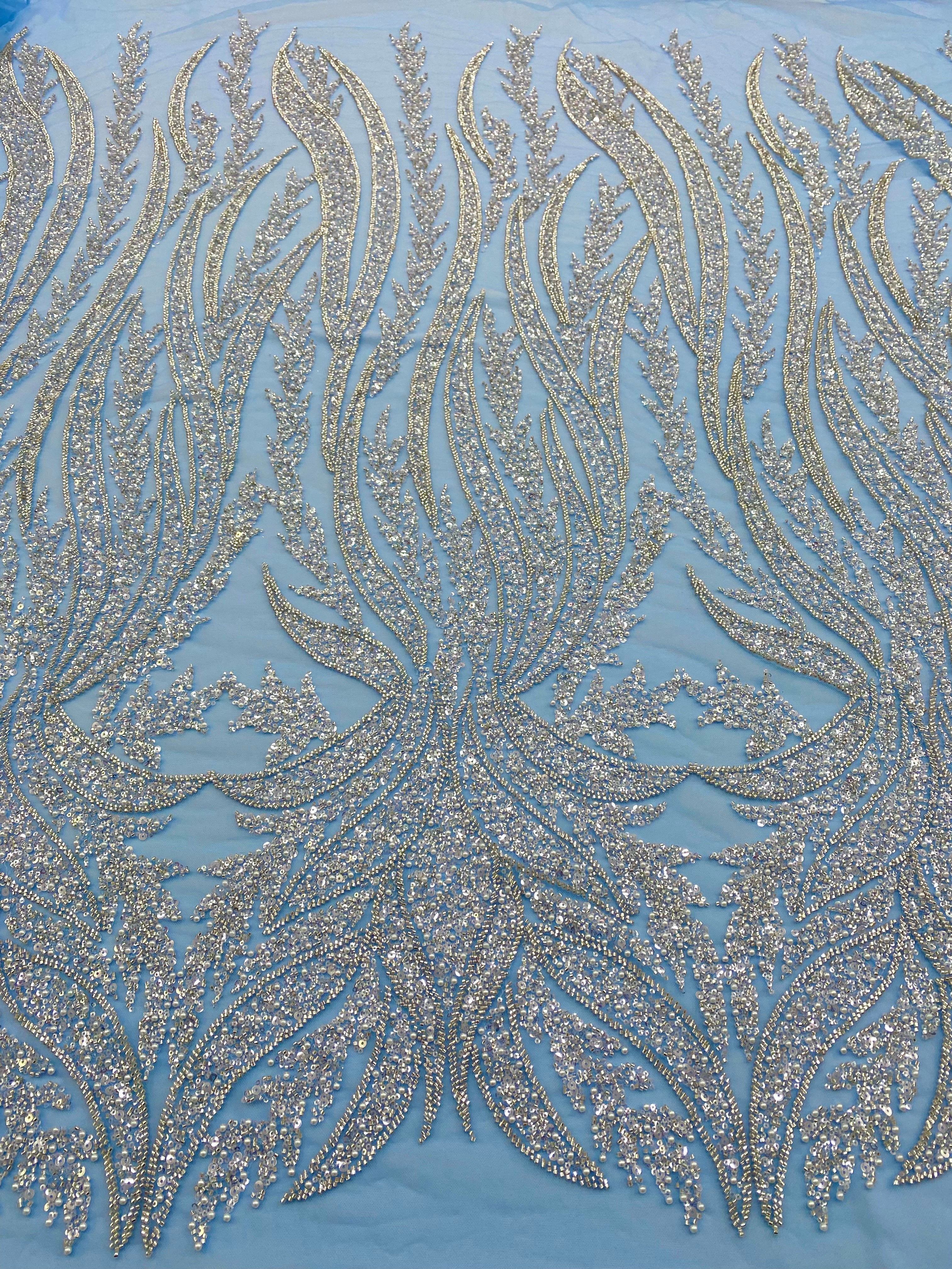 Dantela Couture Argintie pe Tulle Bleu cu Panou, cu Perle, Margele si Paiete